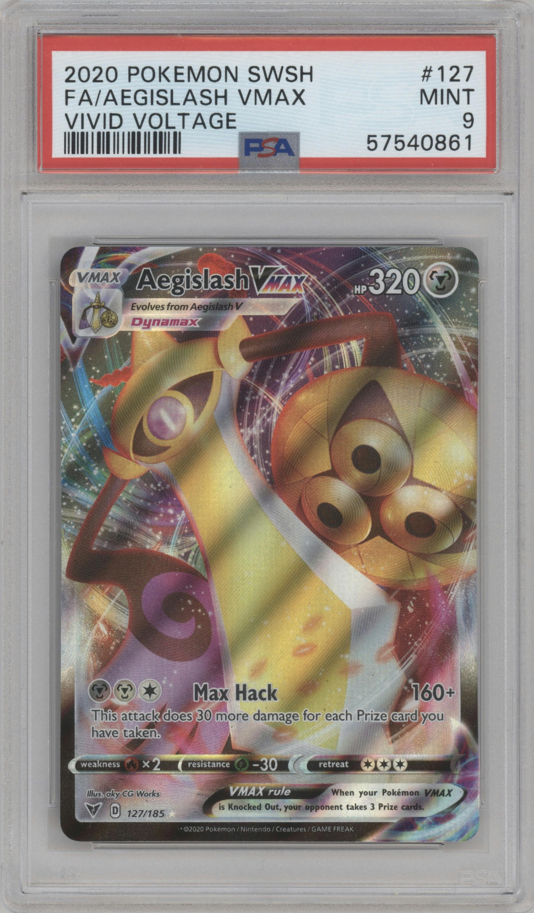 Aegislash VMAX from the 2020 Pokemon SWSH set graded by PSA and given an overall grade of 9.
