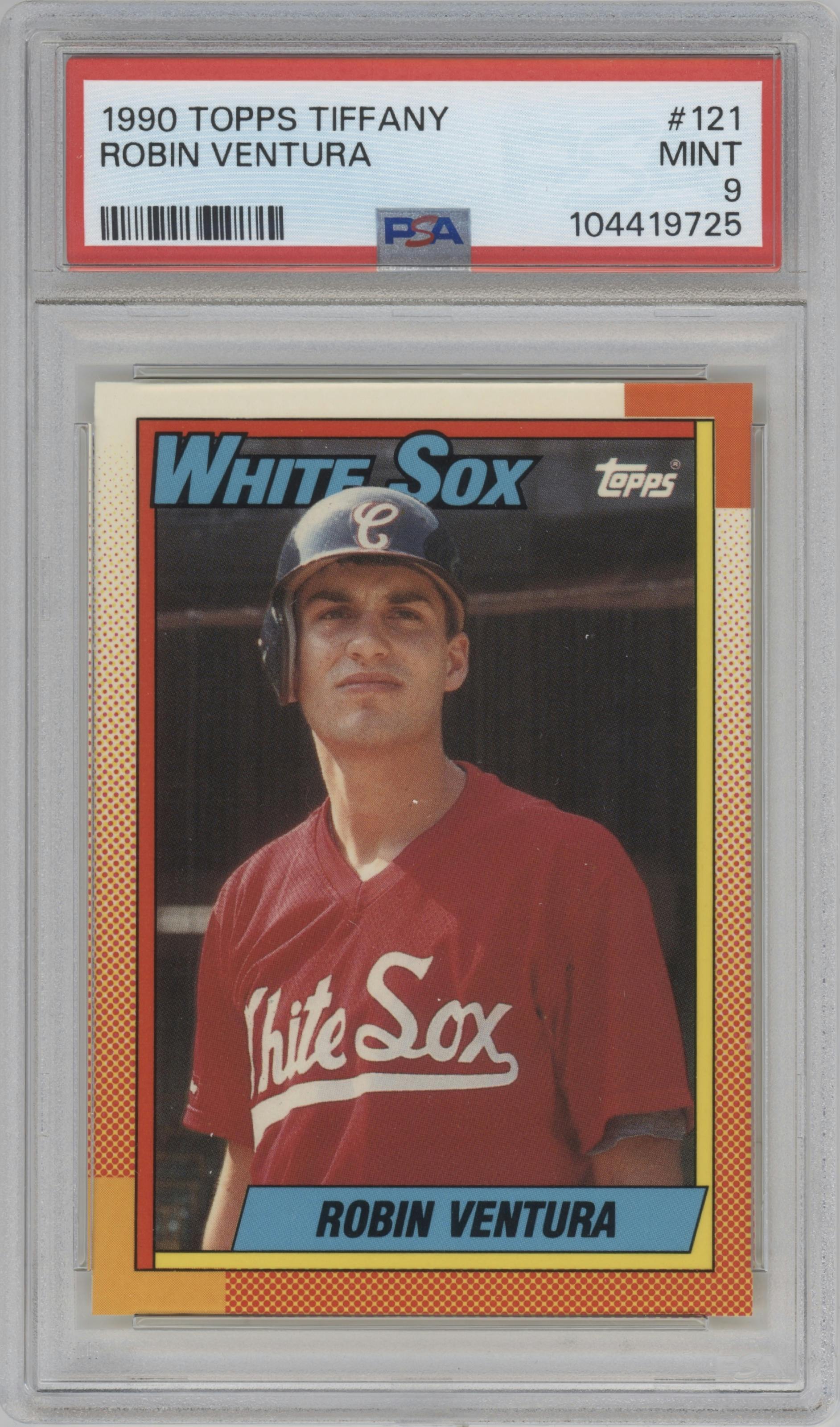 Robin Ventura from the 1990 Topps set featuring a Tiffany parallel graded by PSA and given an overall grade of 9.