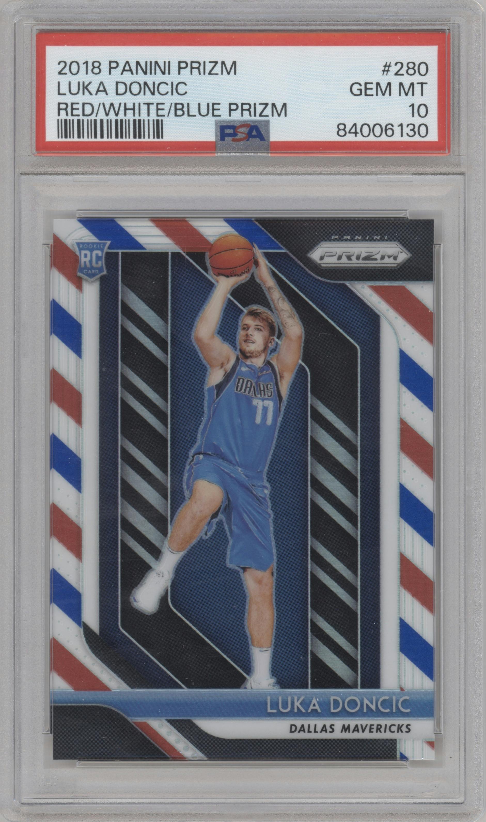 Luka Doncic from the 2018-19 Panini Prizm set featuring a Red White Blue Prizm parallel graded by PSA and given an overall grade of 10.