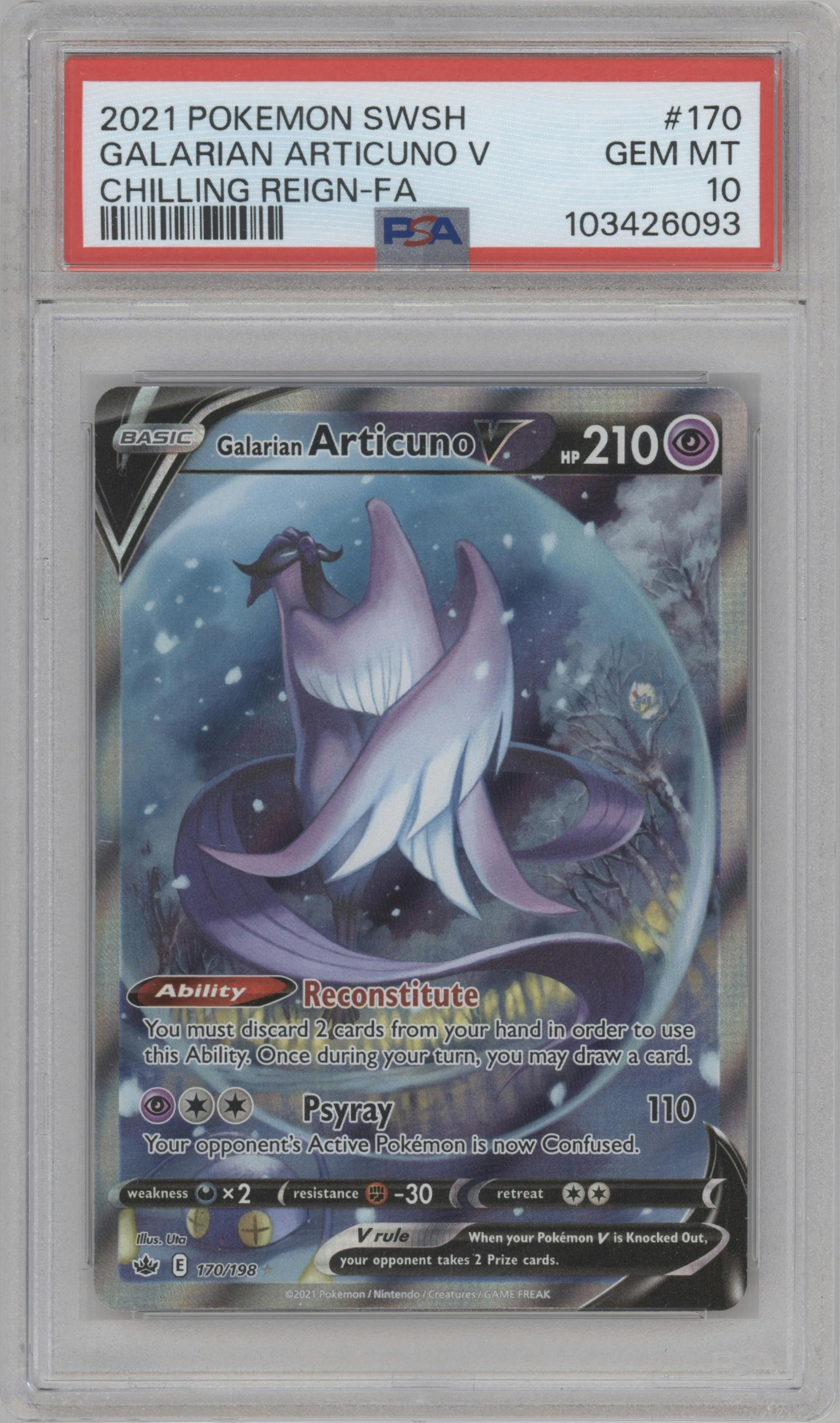 Galarian Articuno V from the 2021 Pokemon SWSH set graded by PSA and given an overall grade of 10.