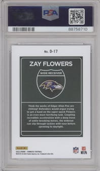 Zay Flowers  from the 2023 Panini Donruss set graded by PSA and given an overall grade of 10.