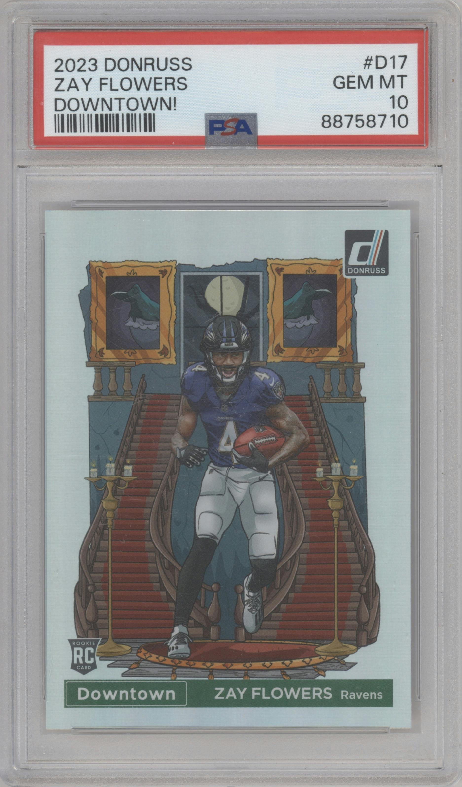 Zay Flowers  from the 2023 Panini Donruss set graded by PSA and given an overall grade of 10.