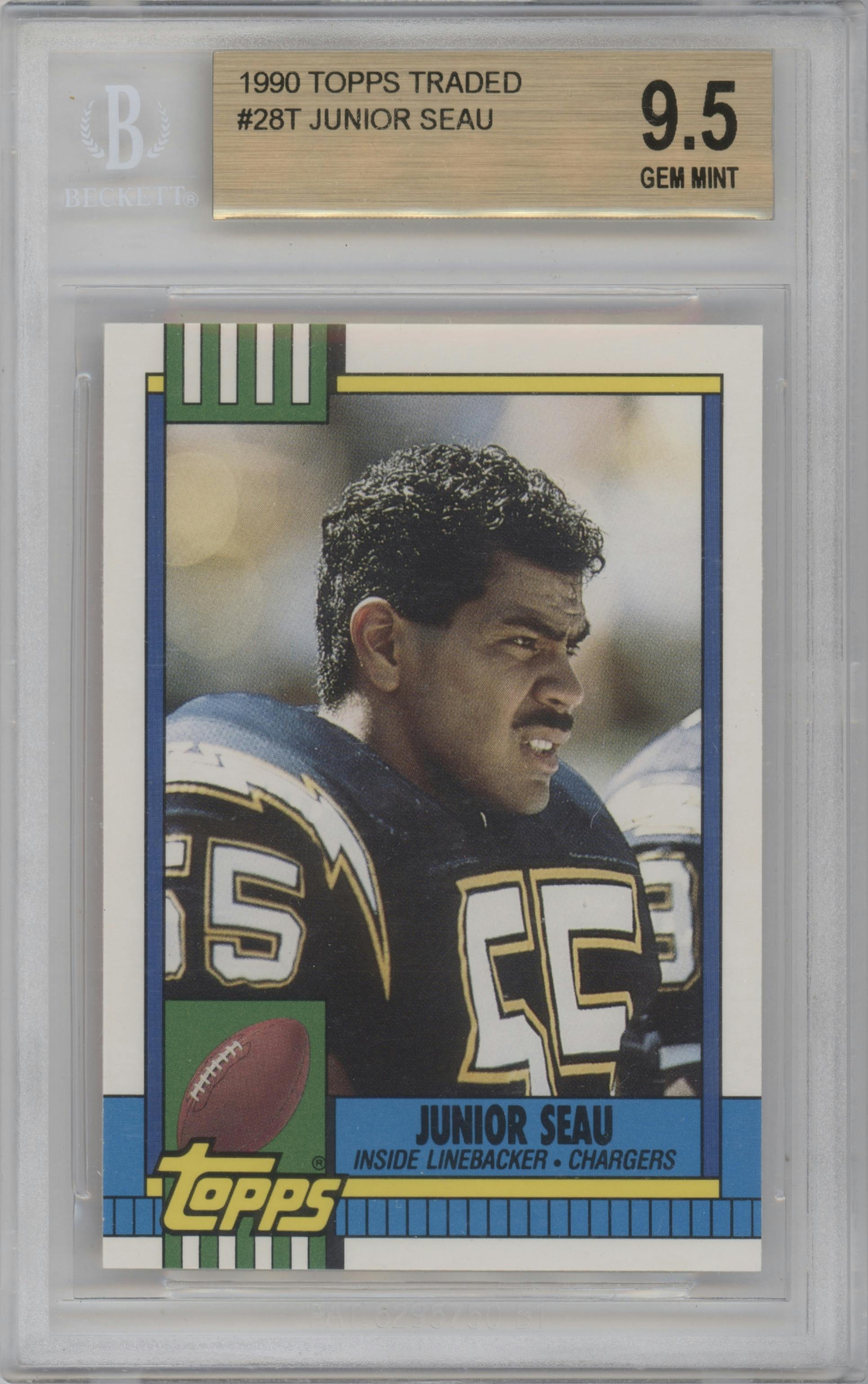 Junior Seau from the 1990 Topps Traded set graded by Beckett and given an overall grade of 9.5.