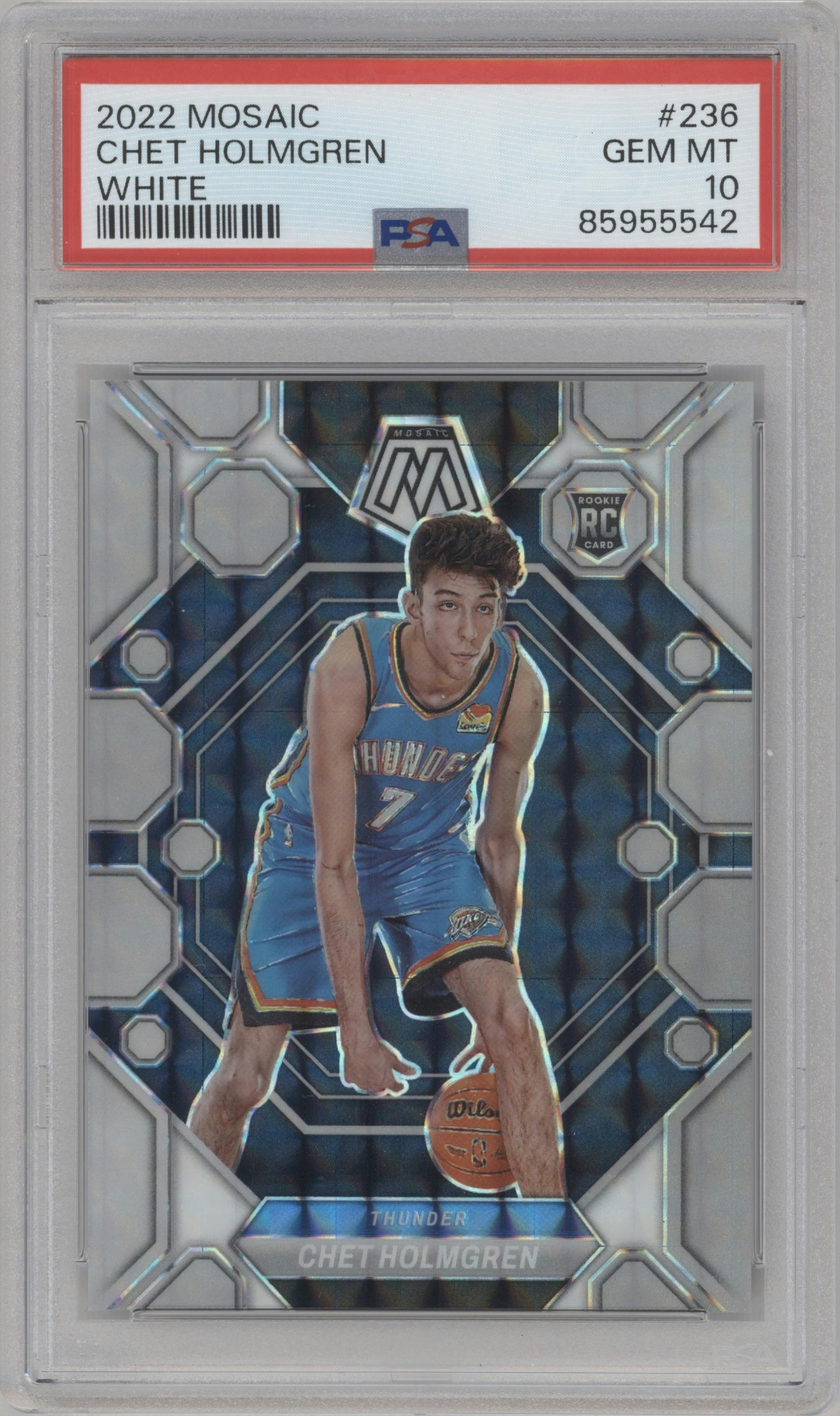 Chet Holmgren from the 2022-23 Panini Mosaic set featuring a White Mosaic parallel graded by PSA and given an overall grade of 10.