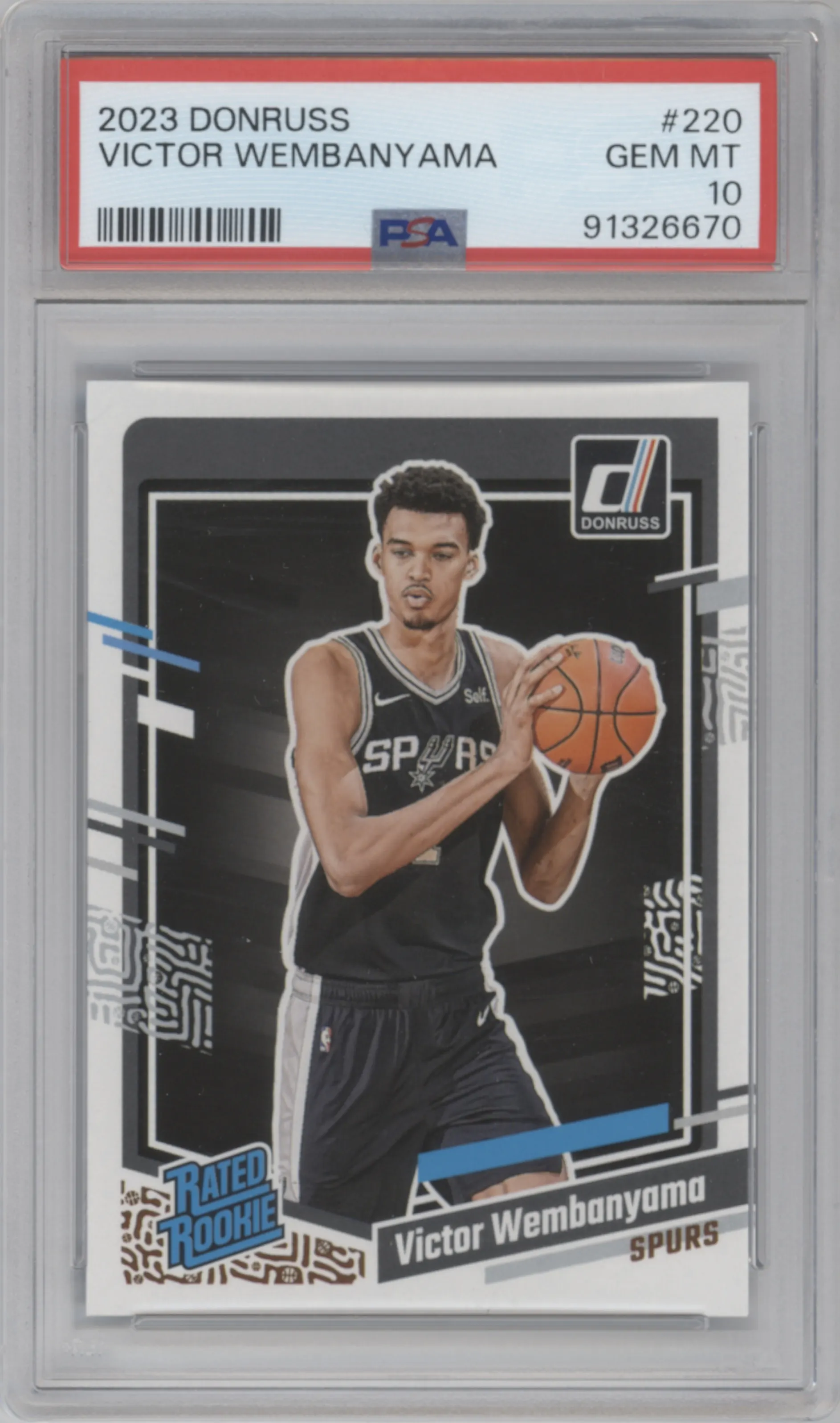 Victor Wembanyama from the 2023-24 Panini Donruss set graded by PSA and given an overall grade of 10.