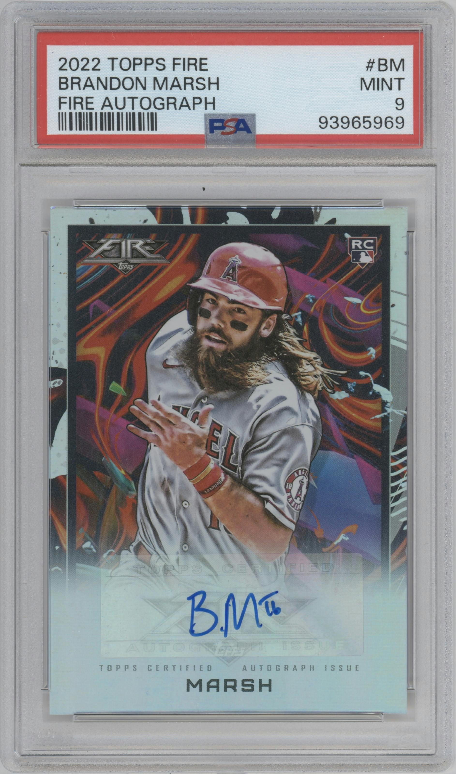 Brandon Marsh from the 2022 Topps Fire  set graded by PSA and given an overall grade of 9.