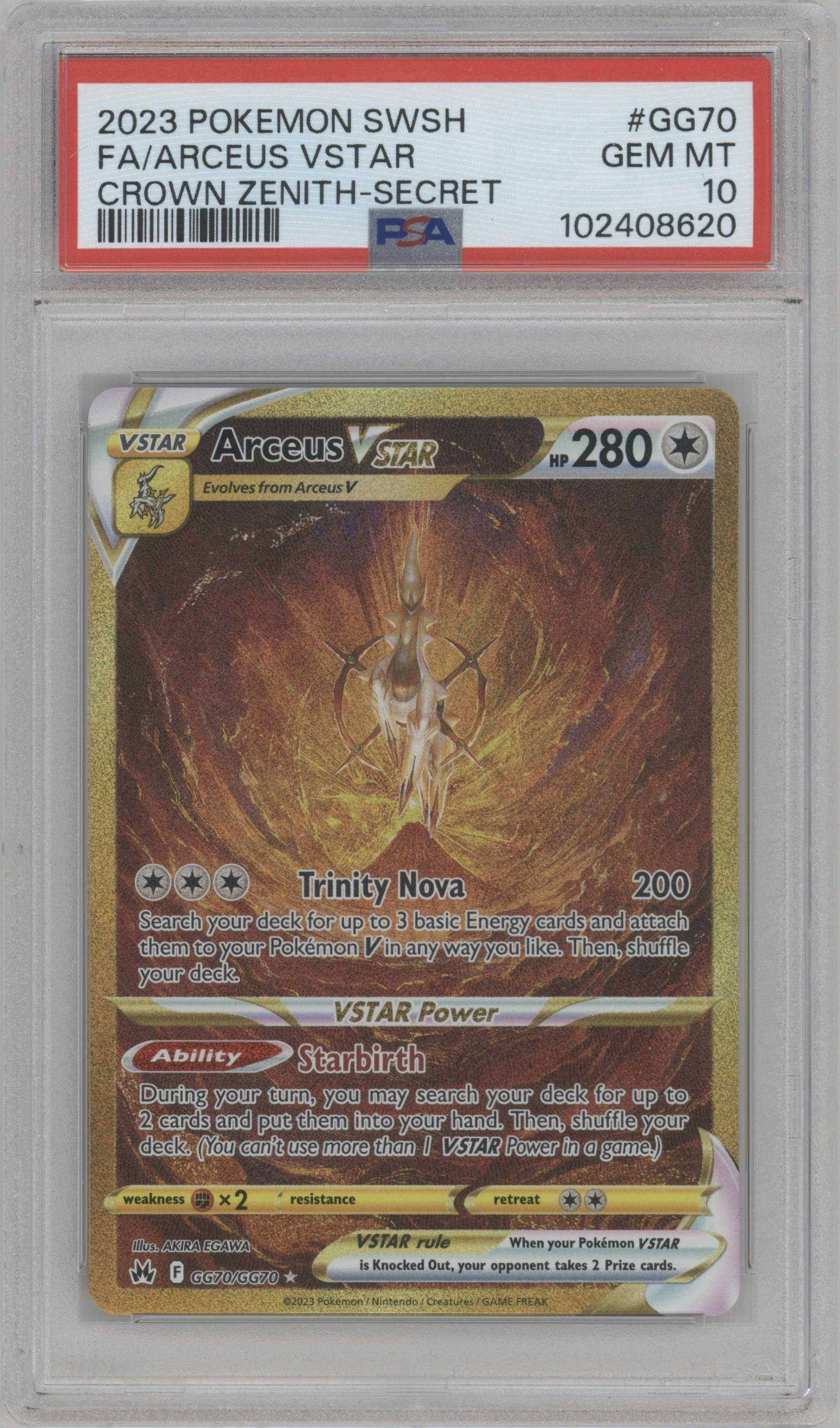 Arceus VSTAR from the 2023 Pokemon SWSH set graded by PSA and given an overall grade of 10.
