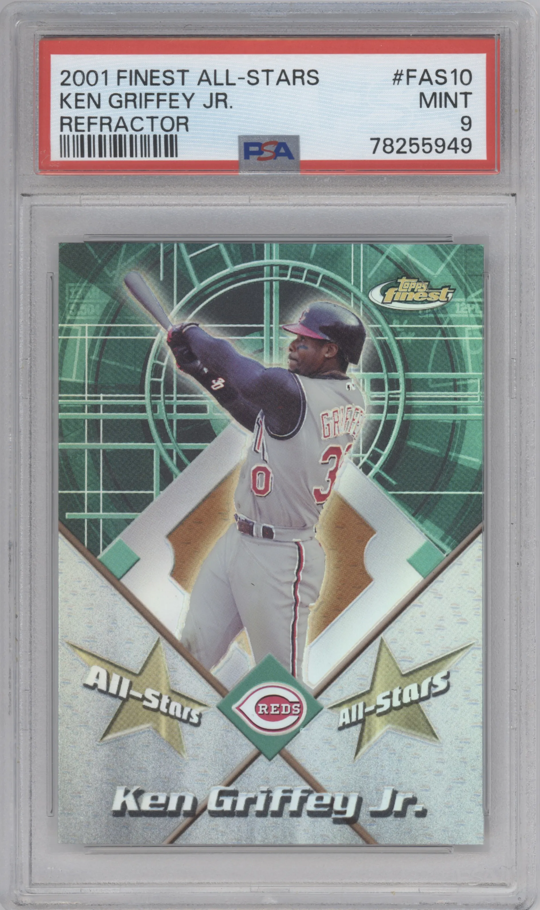 Ken Griffey Jr. from the 2001 Finest set featuring a Refractor parallel graded by PSA and given an overall grade of 9.