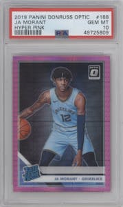 Ja Morant from the 2019-20 Panini Donruss Optic set featuring a Hyper Pink parallel graded by PSA and given an overall grade of 10.