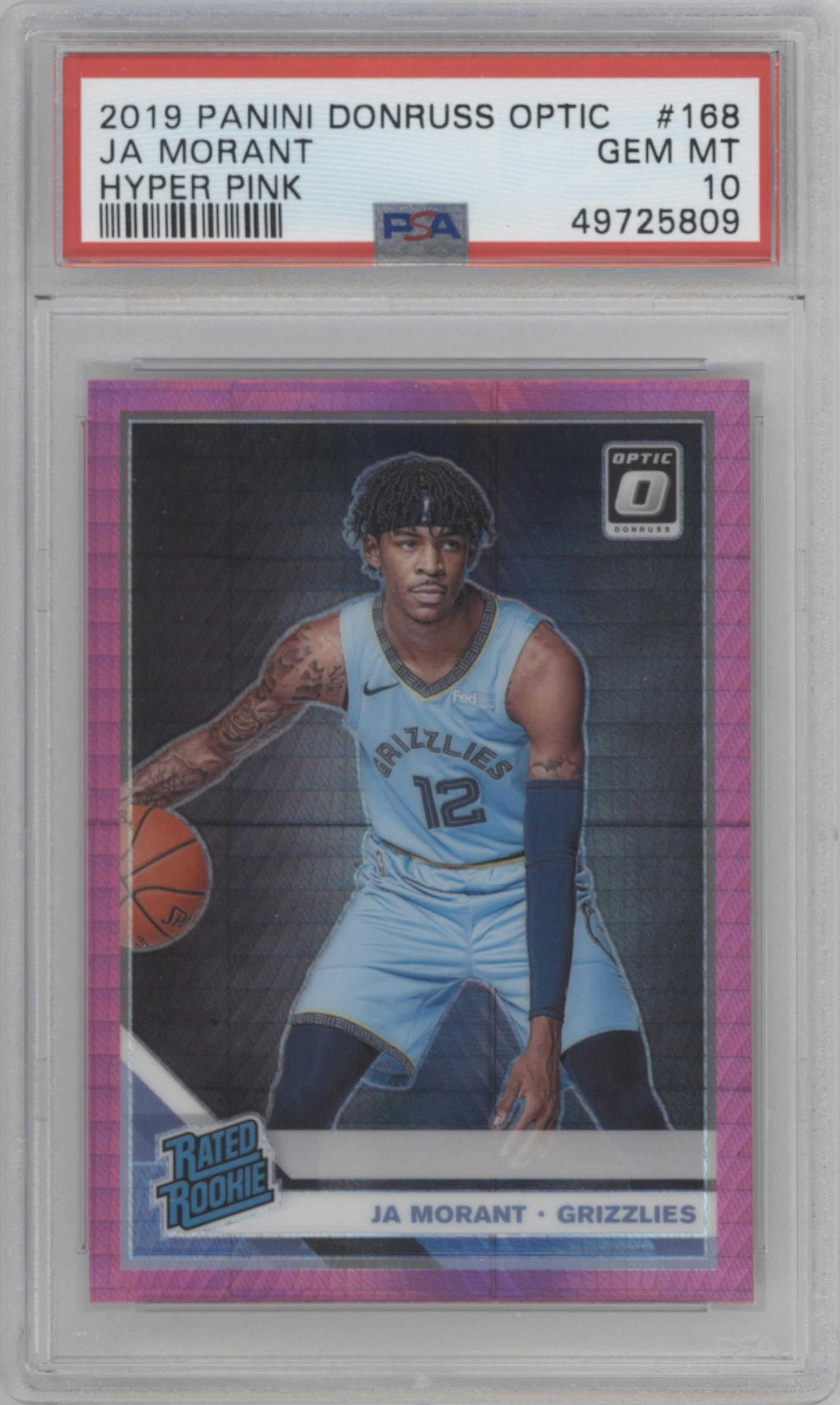 Ja Morant from the 2019-20 Panini Donruss Optic set featuring a Hyper Pink parallel graded by PSA and given an overall grade of 10.
