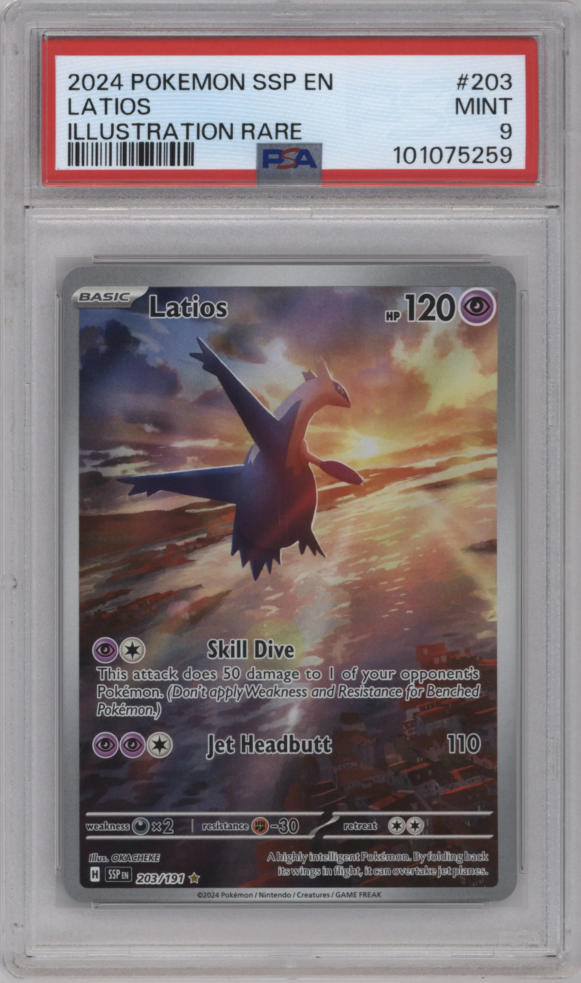 Latios from the 2024 Pokemon SV set graded by PSA and given an overall grade of 9.
