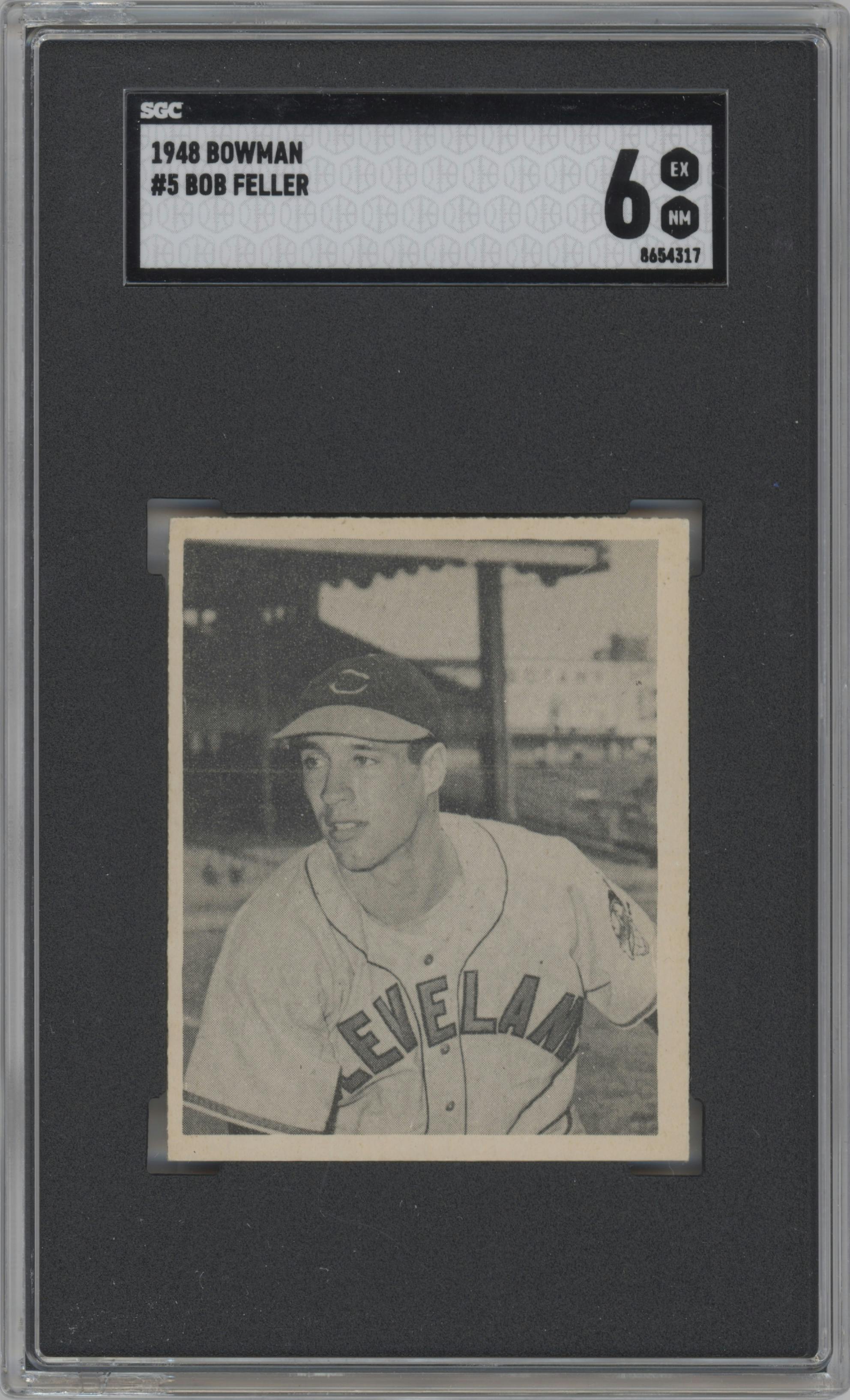 Bob Feller from the 1948 Bowman set featuring a Variation parallel graded by SGC and given an overall grade of 6.