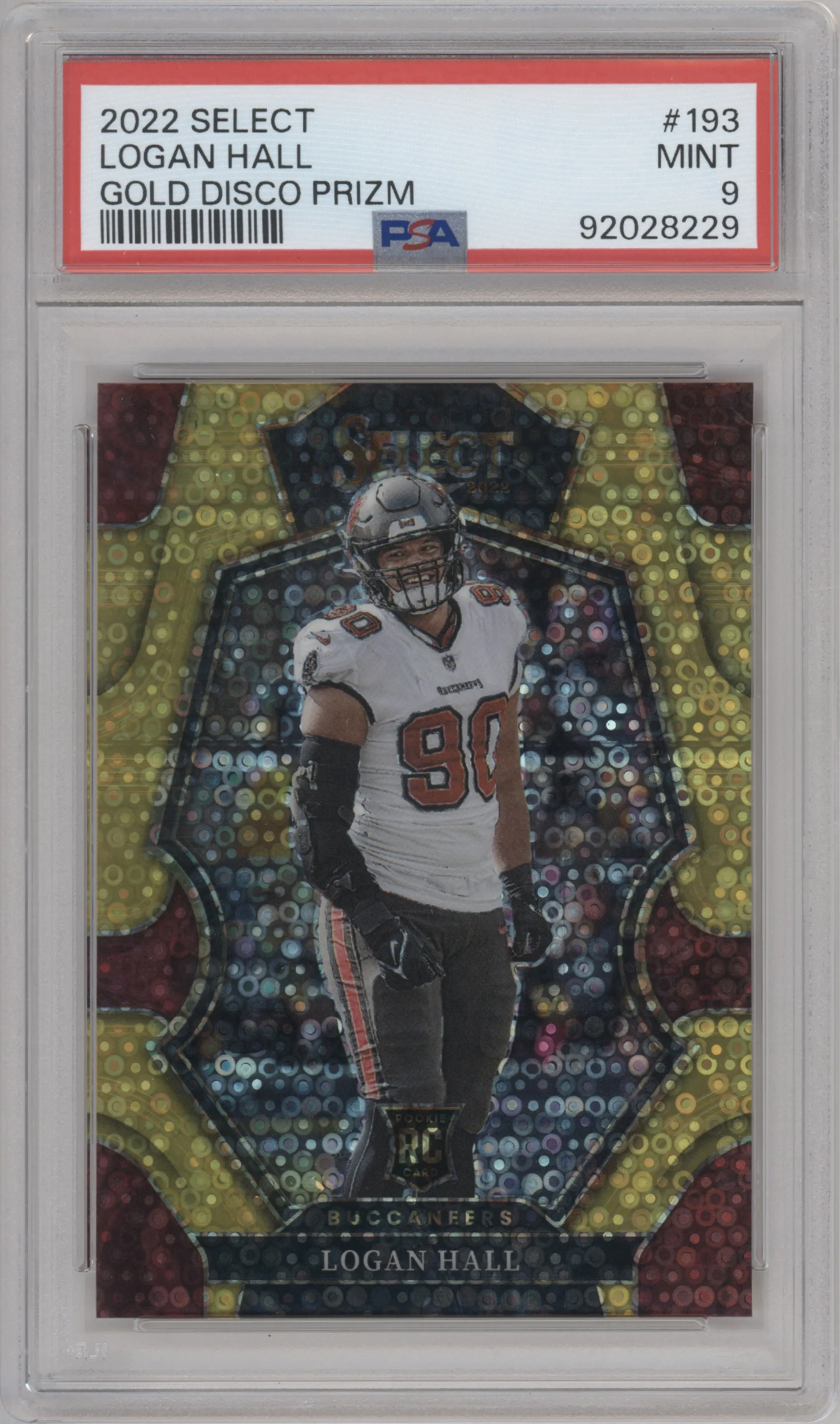 Logan Hall from the 2022 Panini Select set featuring a Gold Disco parallel graded by PSA and given an overall grade of 9.