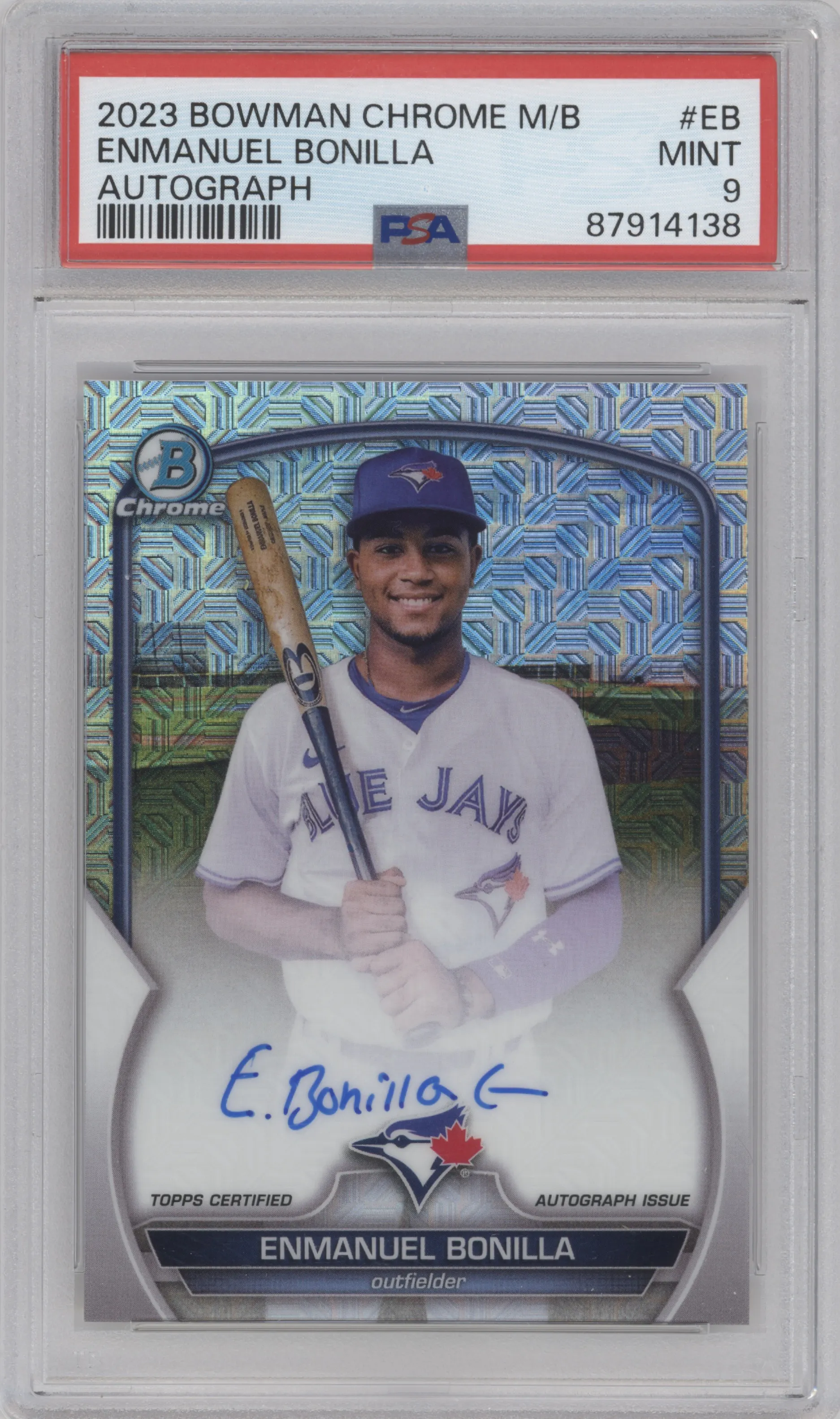 Enmanuel Bonilla from the 2023 Bowman Chrome Mega Box set graded by PSA and given an overall grade of 9.
