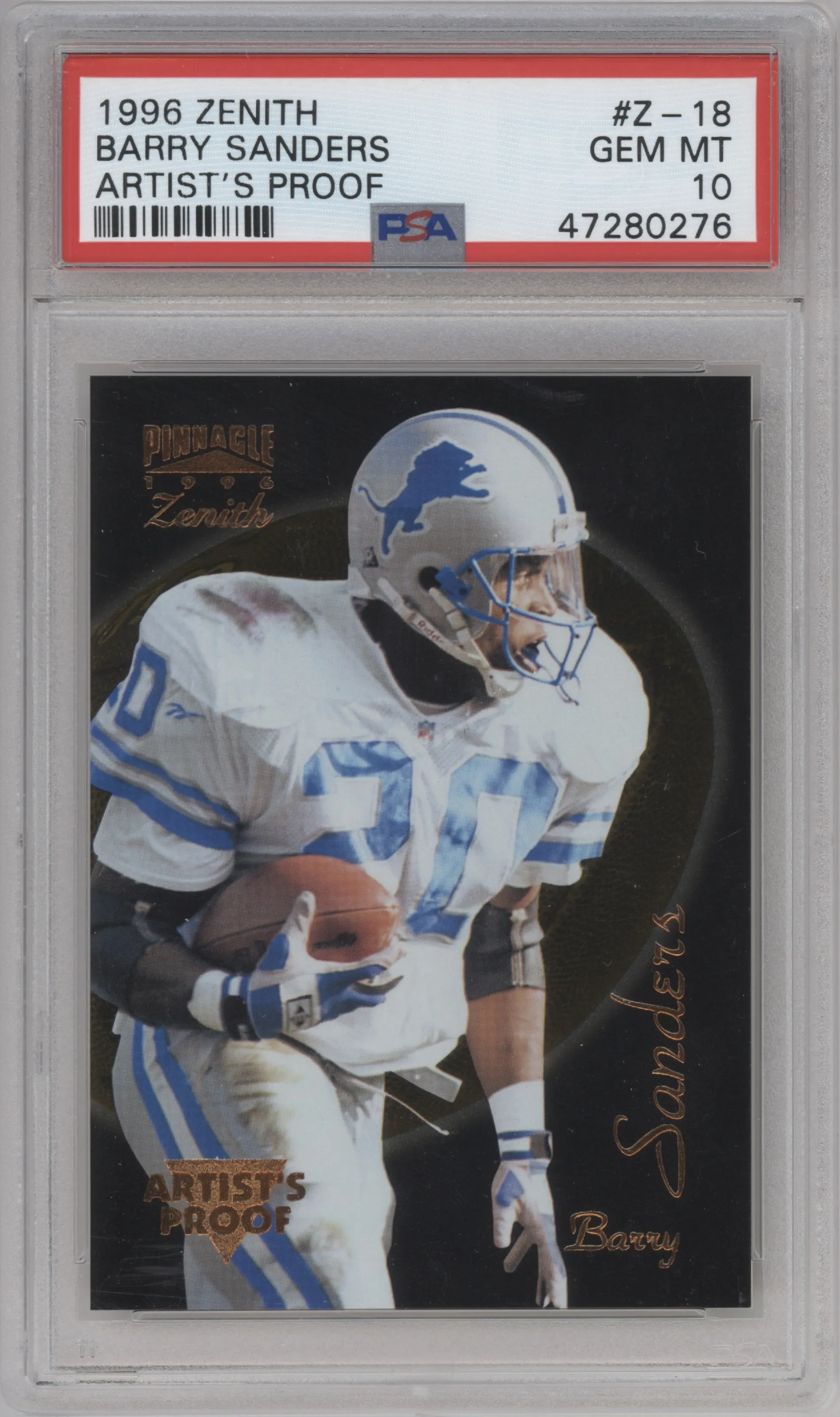 Barry Sanders  from the 1996 Pinnacle Zenith set featuring a Artist's Proof parallel graded by PSA and given an overall grade of 10.