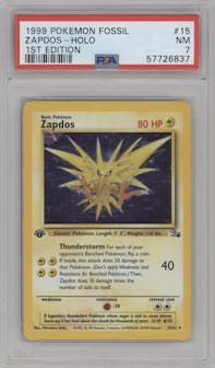 Zapdos from the 1999 Pokemon set graded by PSA and given an overall grade of 7.