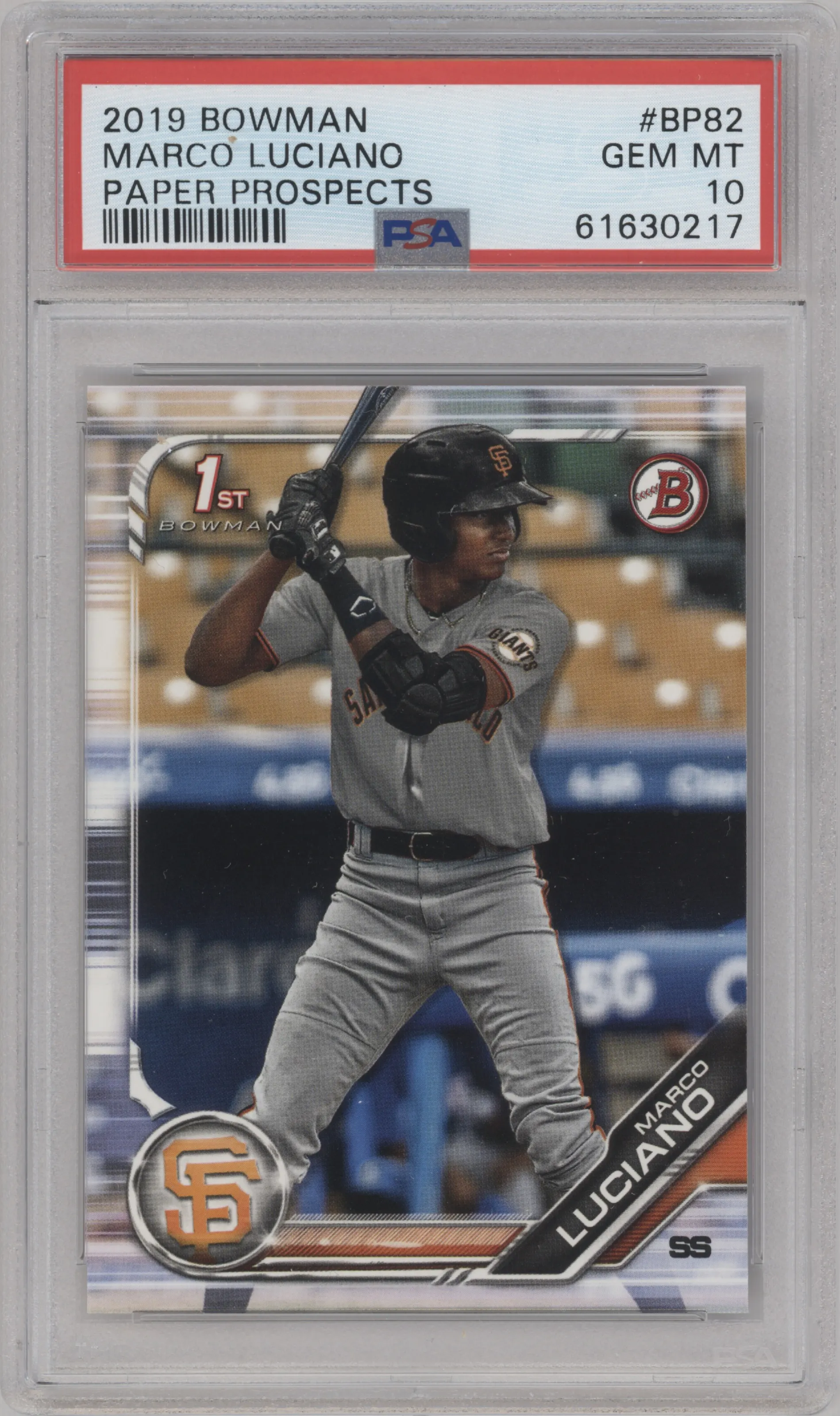 Marco Luciano from the 2019 Bowman  set graded by PSA and given an overall grade of 10.
