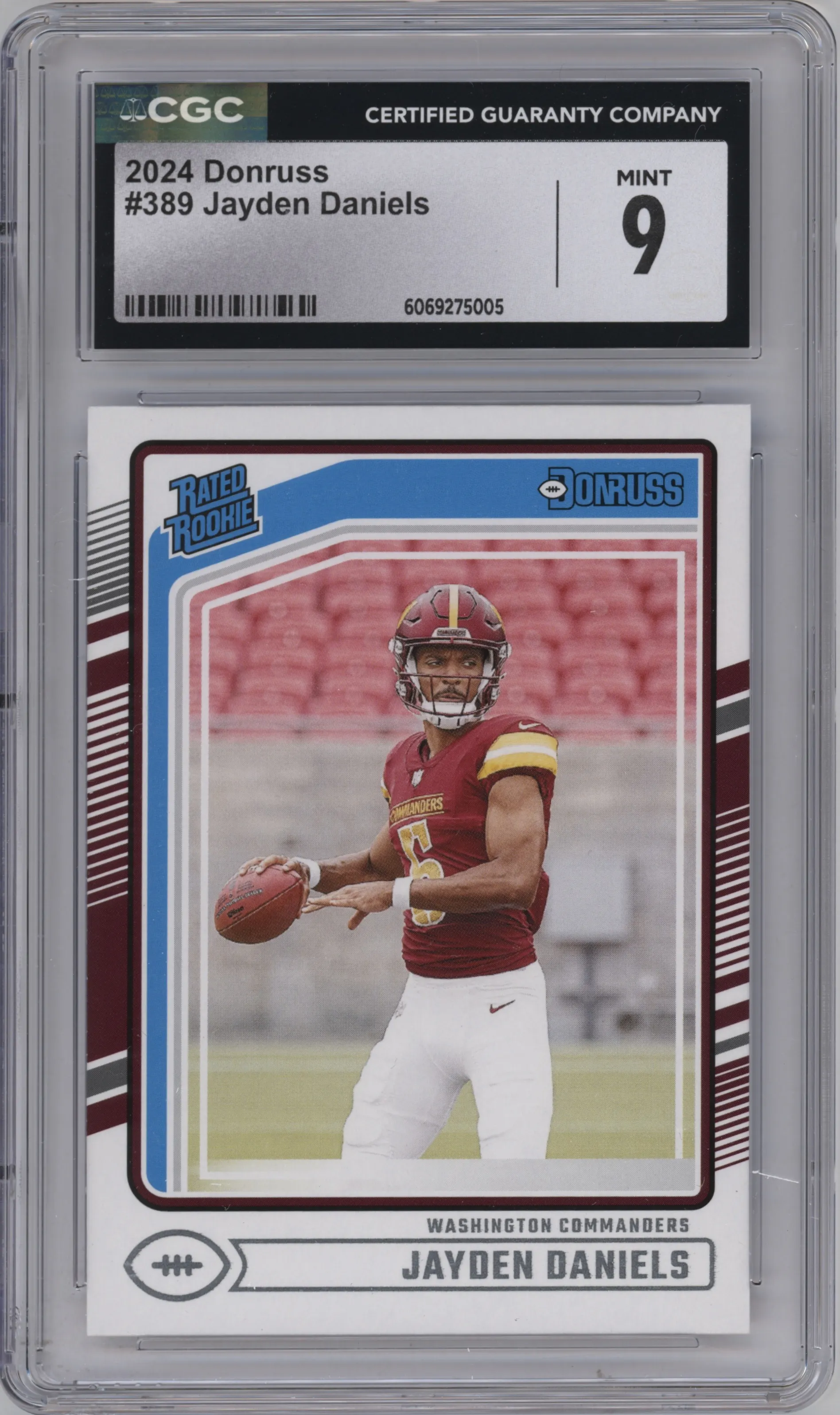 Jayden Daniels from the 2024 Donruss set graded by CSG and given an overall grade of 9.