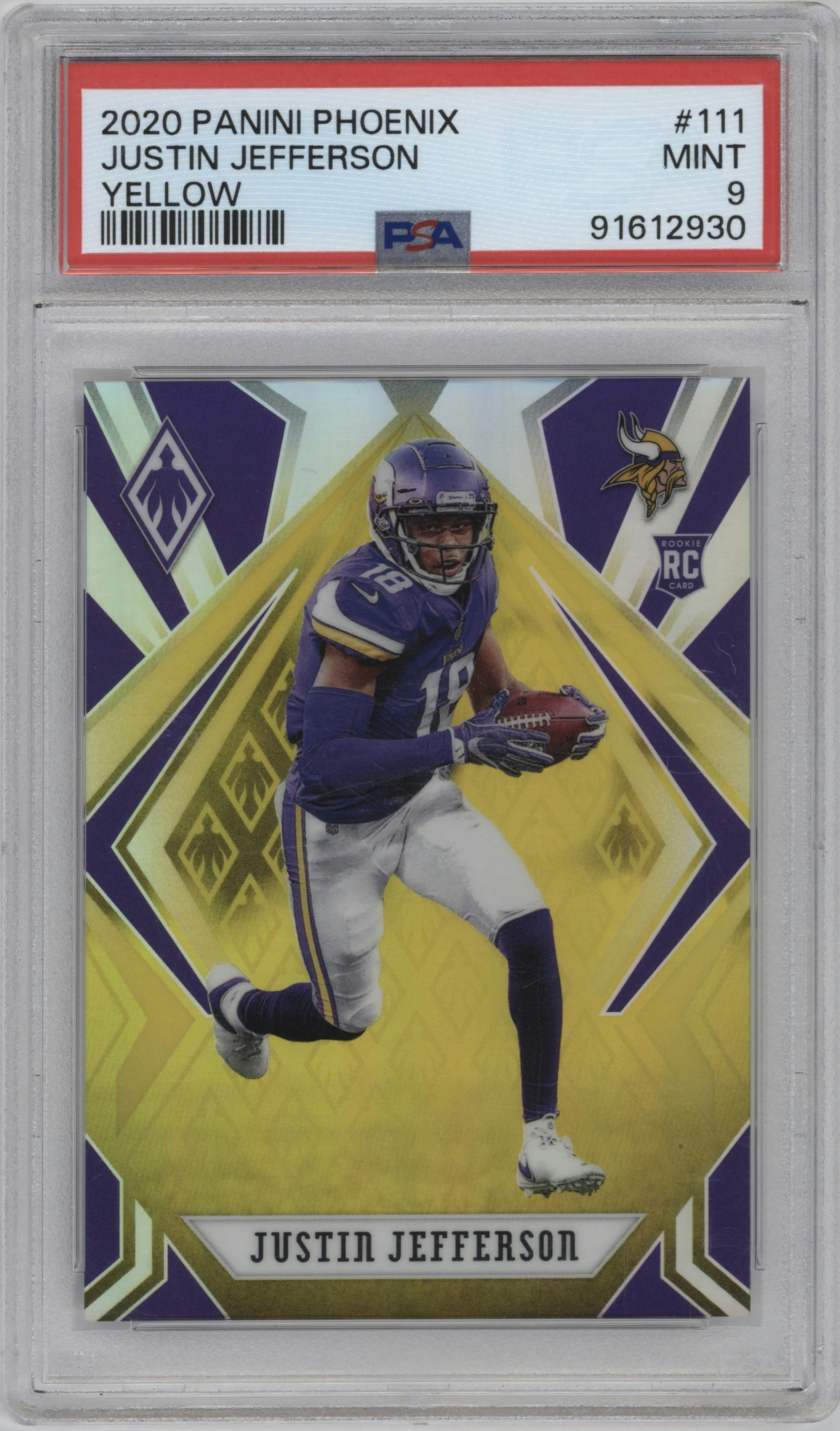 Justin Jefferson from the 2020 Panini Phoenix set featuring a Yellow parallel graded by PSA and given an overall grade of 9.