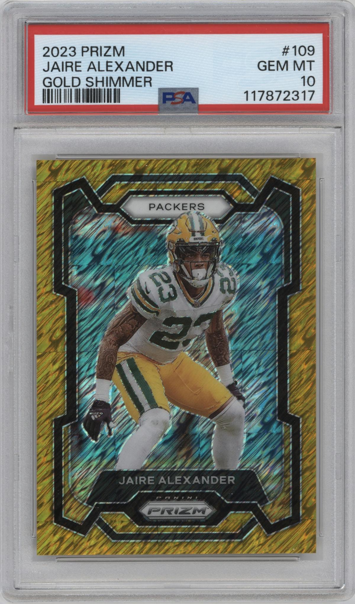 Jaire Alexander from the 2023 Panini Prizm set featuring a Gold Shimmer parallel graded by PSA and given an overall grade of 10.