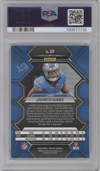  Jahmyr Gibbs from the 2023 Panini Mosaic set featuring a Reactive Blue parallel graded by PSA and given an overall grade of 10.