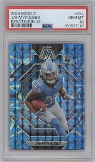 Jahmyr Gibbs from the 2023 Panini Mosaic set featuring a Reactive Blue parallel graded by PSA and given an overall grade of 10.