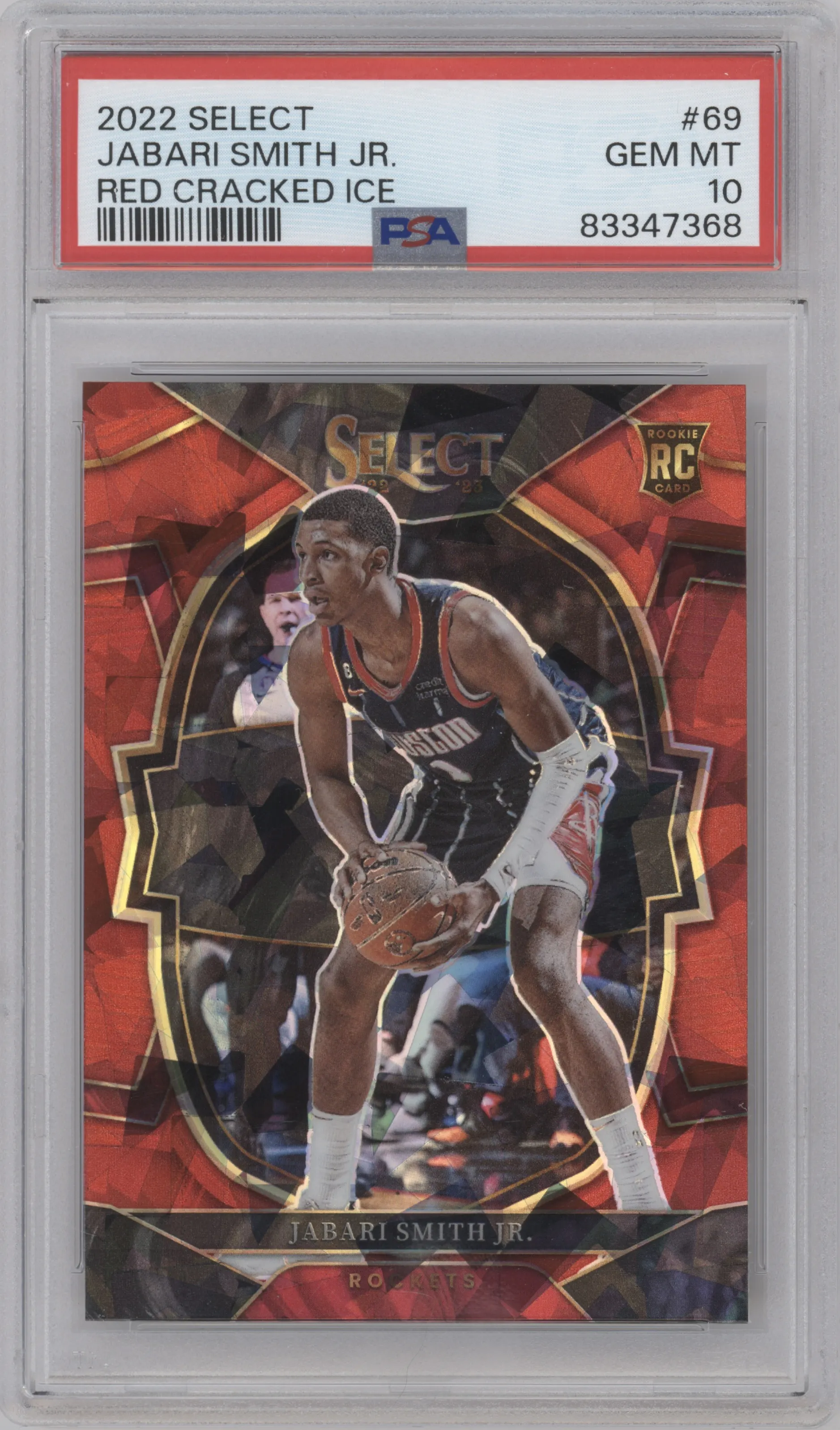 Jabari Smith Jr. from the 2022-23 Panini Select set featuring a Red Cracked Ice parallel graded by PSA and given an overall grade of 10.