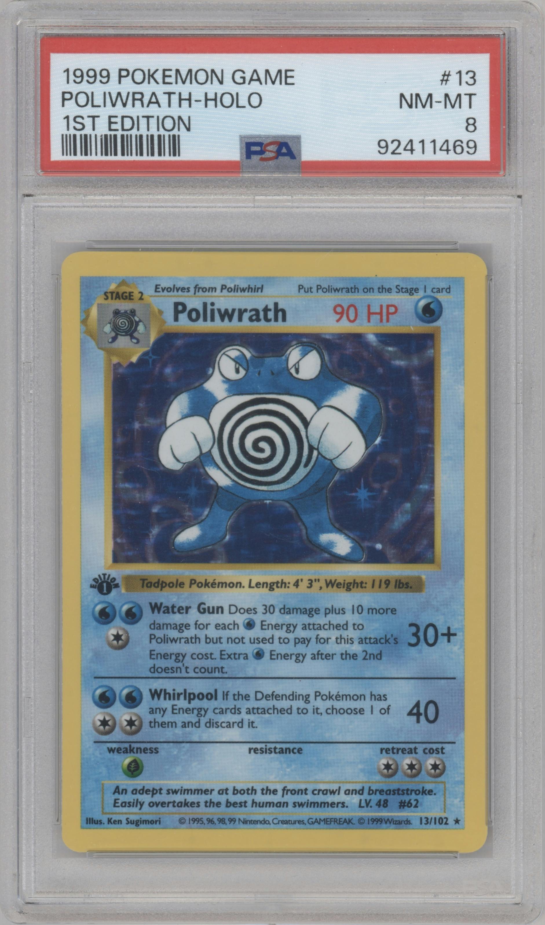 Poliwrath from the 1999 Pokemon set graded by PSA and given an overall grade of 8.