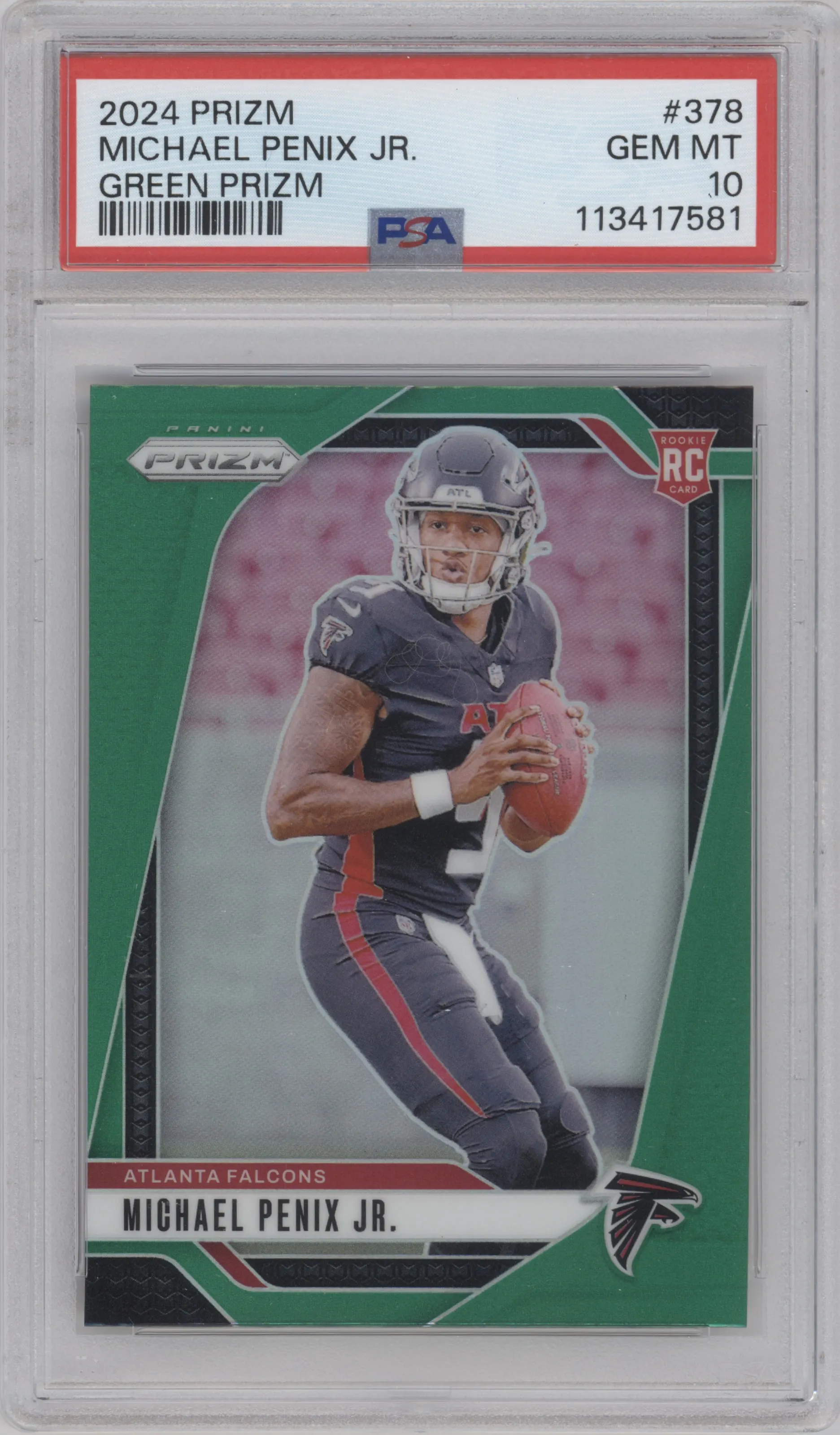 Michael Penix Jr. from the 2024 Panini Prizm set featuring a Green Prizm parallel graded by PSA and given an overall grade of 10.