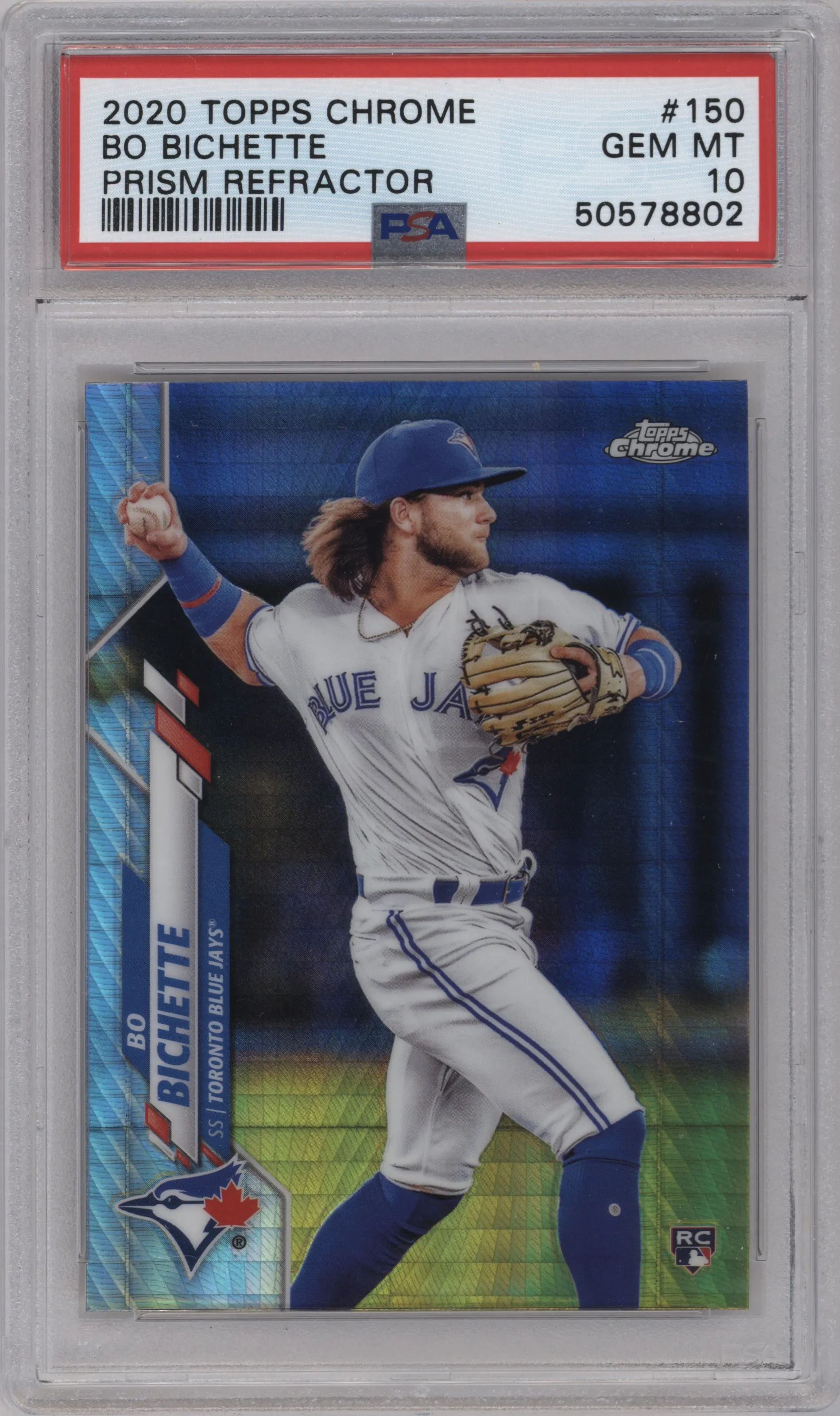 Bo Bichette from the 2020 Topps Chrome set featuring a Prism Refractor parallel graded by PSA and given an overall grade of 10.