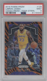 LeBron James from the 2019-20 Panini Prizm set featuring a Choice Tiger Stripe parallel graded by PSA and given an overall grade of 9.