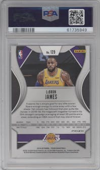 LeBron James from the 2019-20 Panini Prizm set featuring a Choice Tiger Stripe parallel graded by PSA and given an overall grade of 9.
