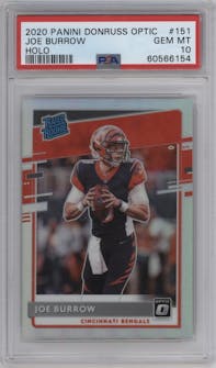 Joe Burrow from the 2020 Panini Donruss Optic set featuring a Holo parallel graded by PSA and given an overall grade of 10.