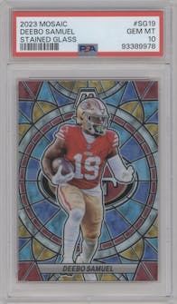 Deebo Samuel from the 2023 Panini Mosaic set graded by PSA and given an overall grade of 10.
