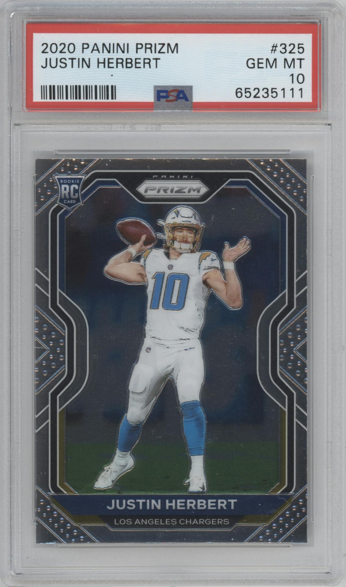Justin Herbert from the 2020 Panini Prizm set graded by PSA and given an overall grade of 10.
