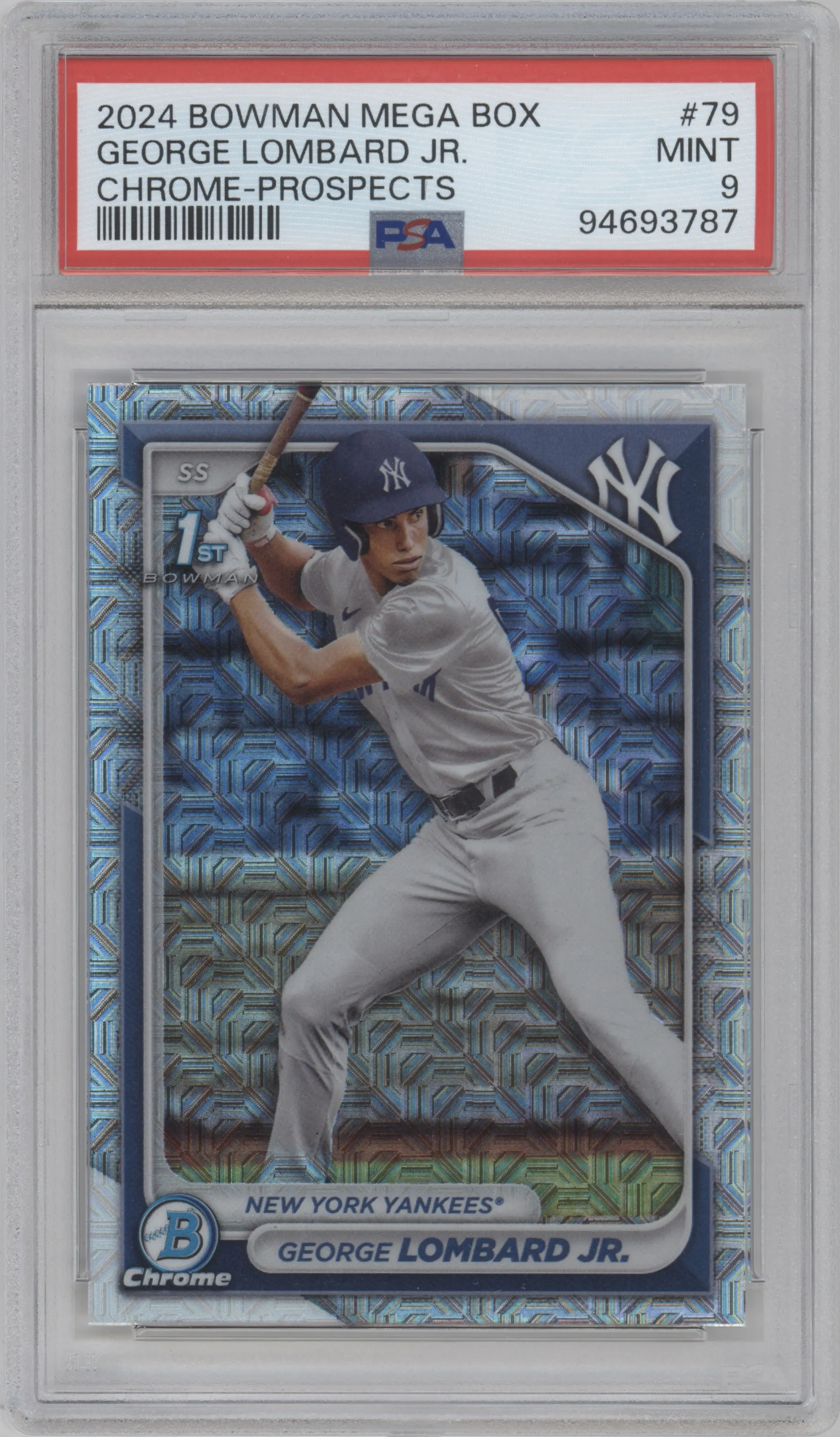 George Lombard Jr. from the 2024 Bowman Mega Box set graded by PSA and given an overall grade of 9.
