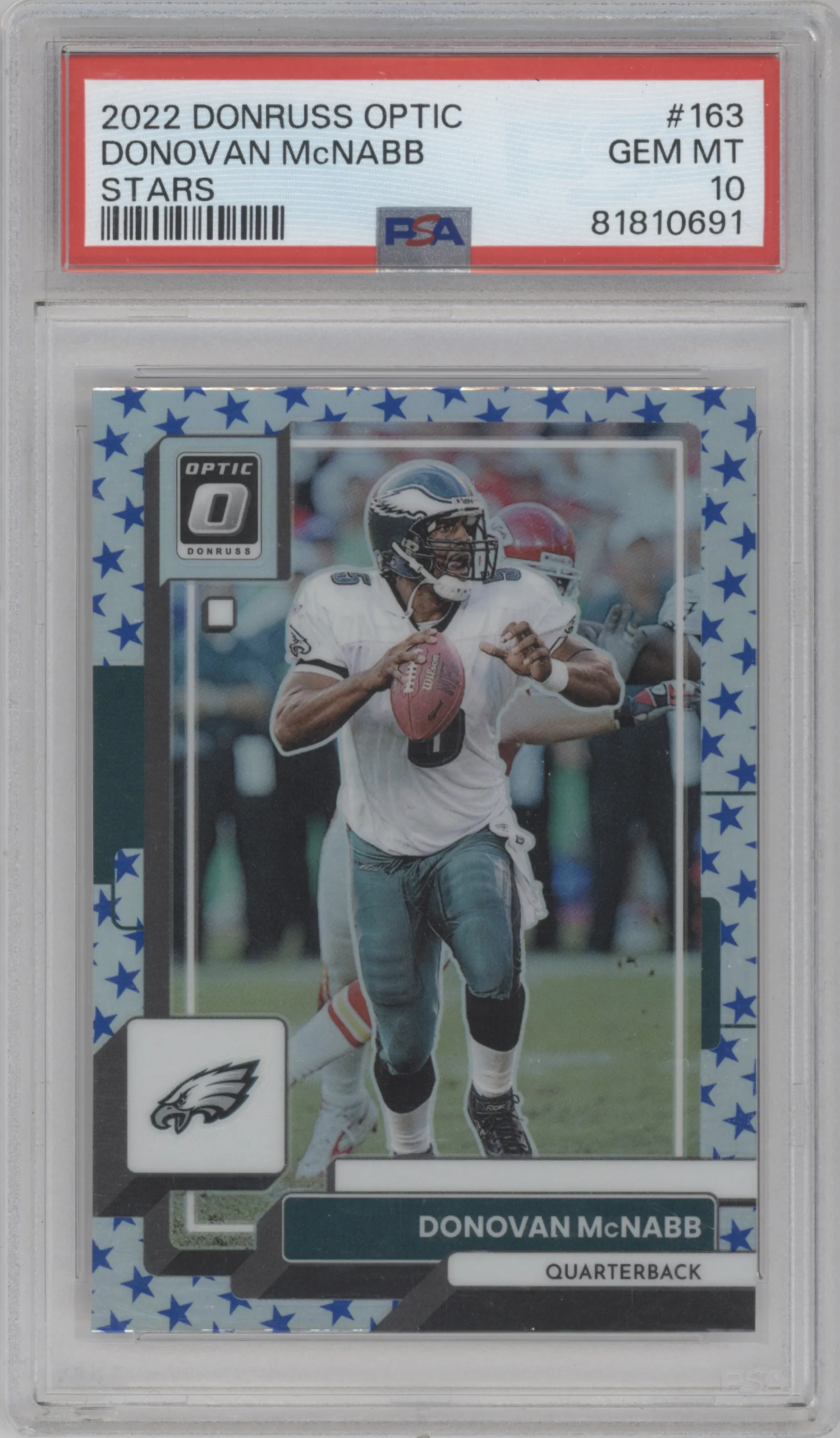 Donovan McNabb from the 2022 Panini Donruss Optic set featuring a Stars parallel graded by PSA and given an overall grade of 10.