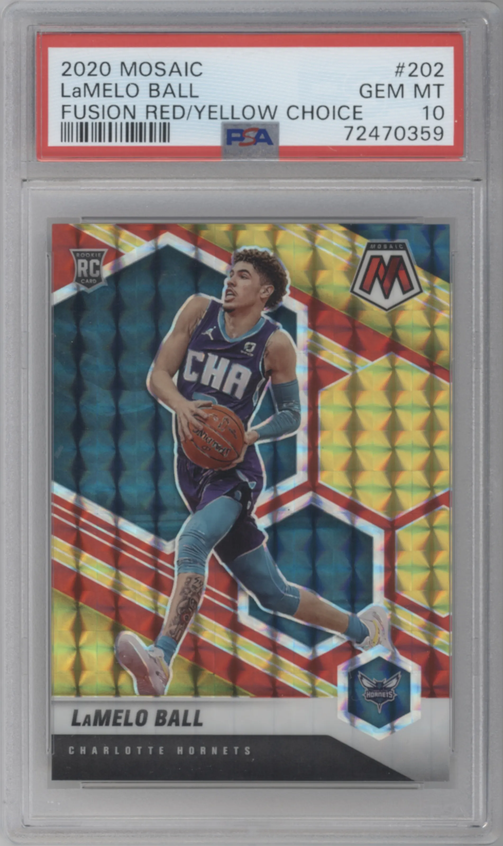 LaMelo Ball from the 2020-21 Panini Mosaic set featuring a Choice Fusion Red & Yellow  parallel graded by PSA and given an overall grade of 10.