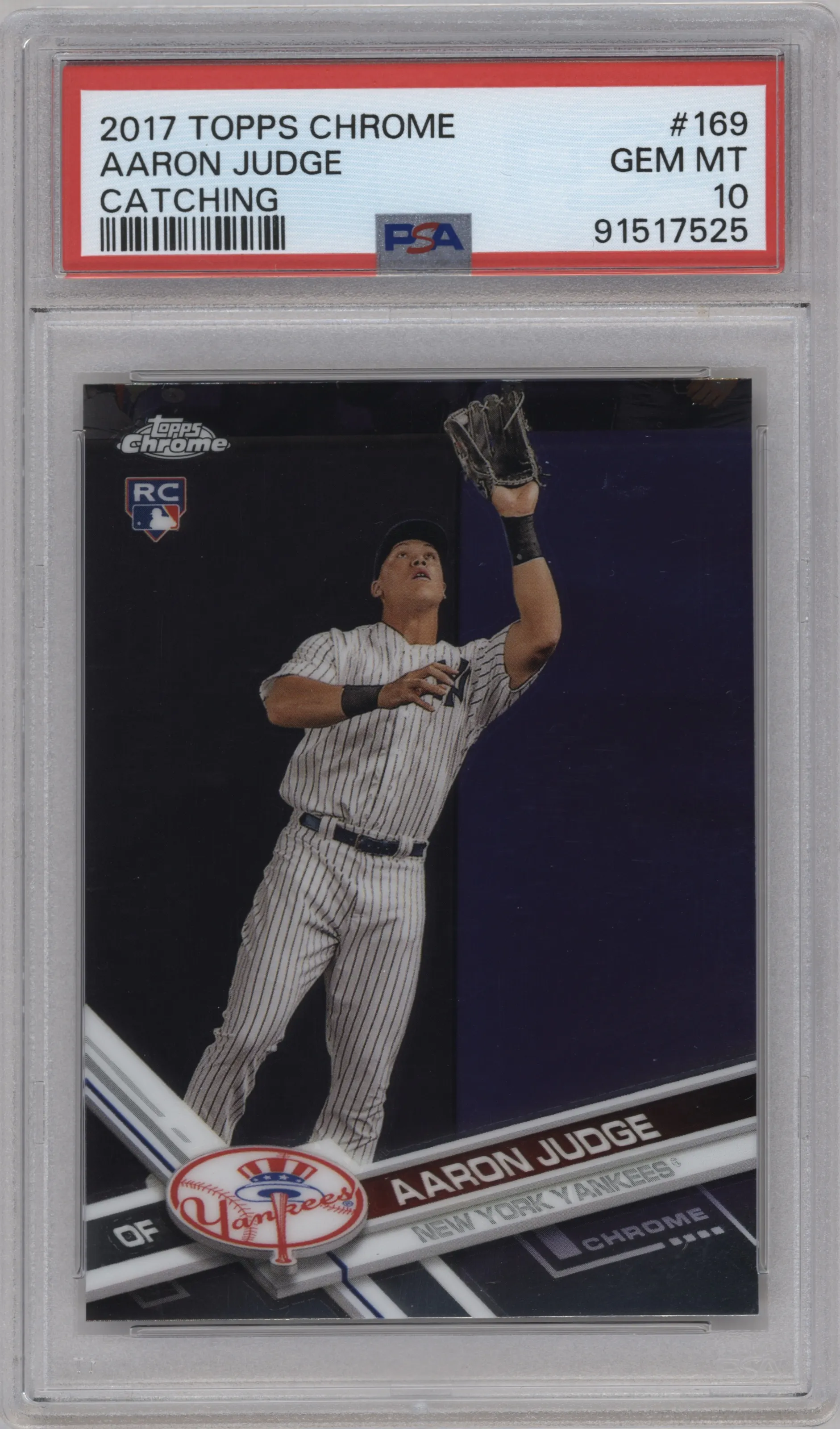 Aaron Judge from the 2017 Topps Chrome set graded by PSA and given an overall grade of 10.