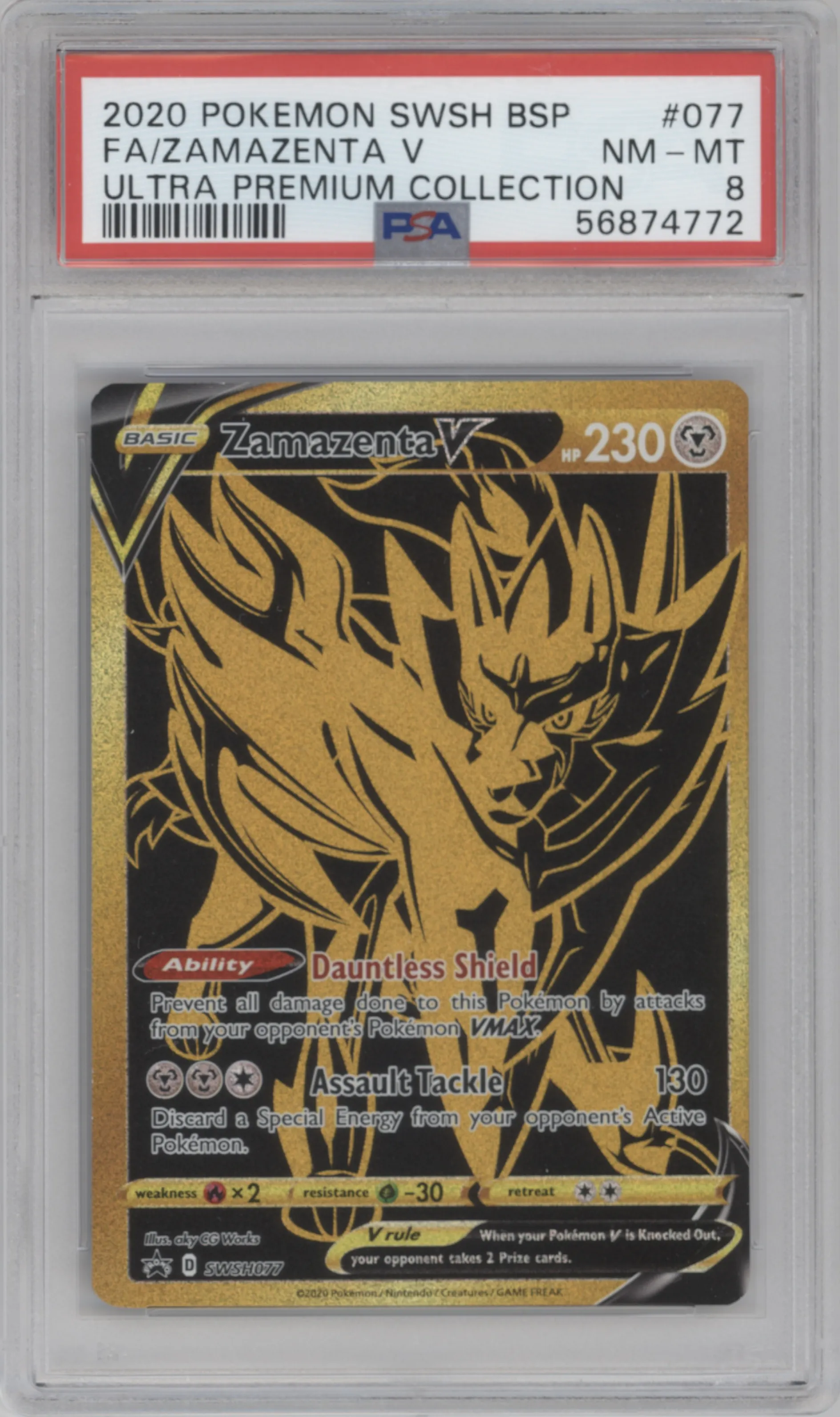 Zamazenta V from the 2020 Pokemon SWSH set featuring a Ultra Pre. Coll. parallel graded by PSA and given an overall grade of 8.