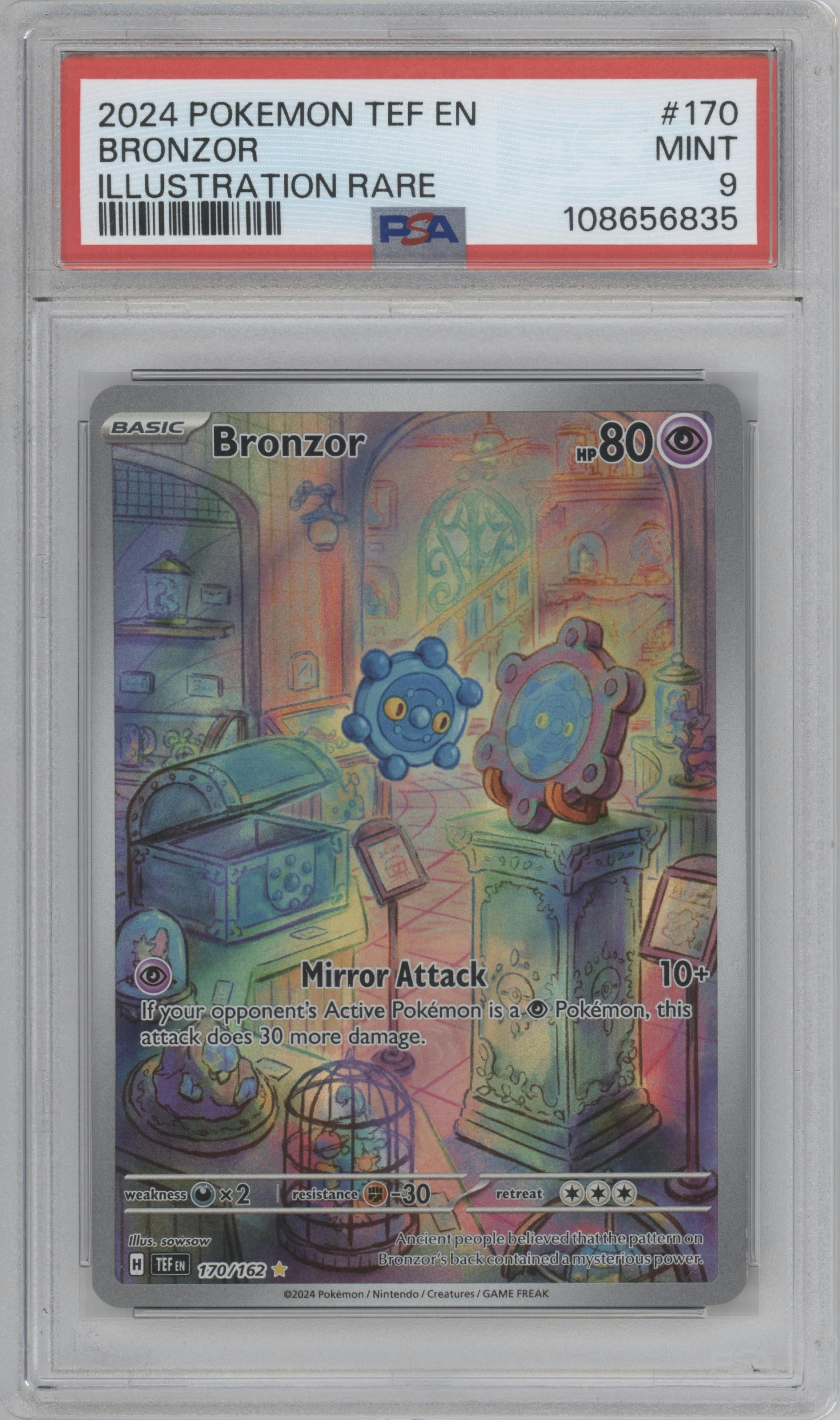 Bronzor from the 2024 Pokemon SV set graded by PSA and given an overall grade of 9.