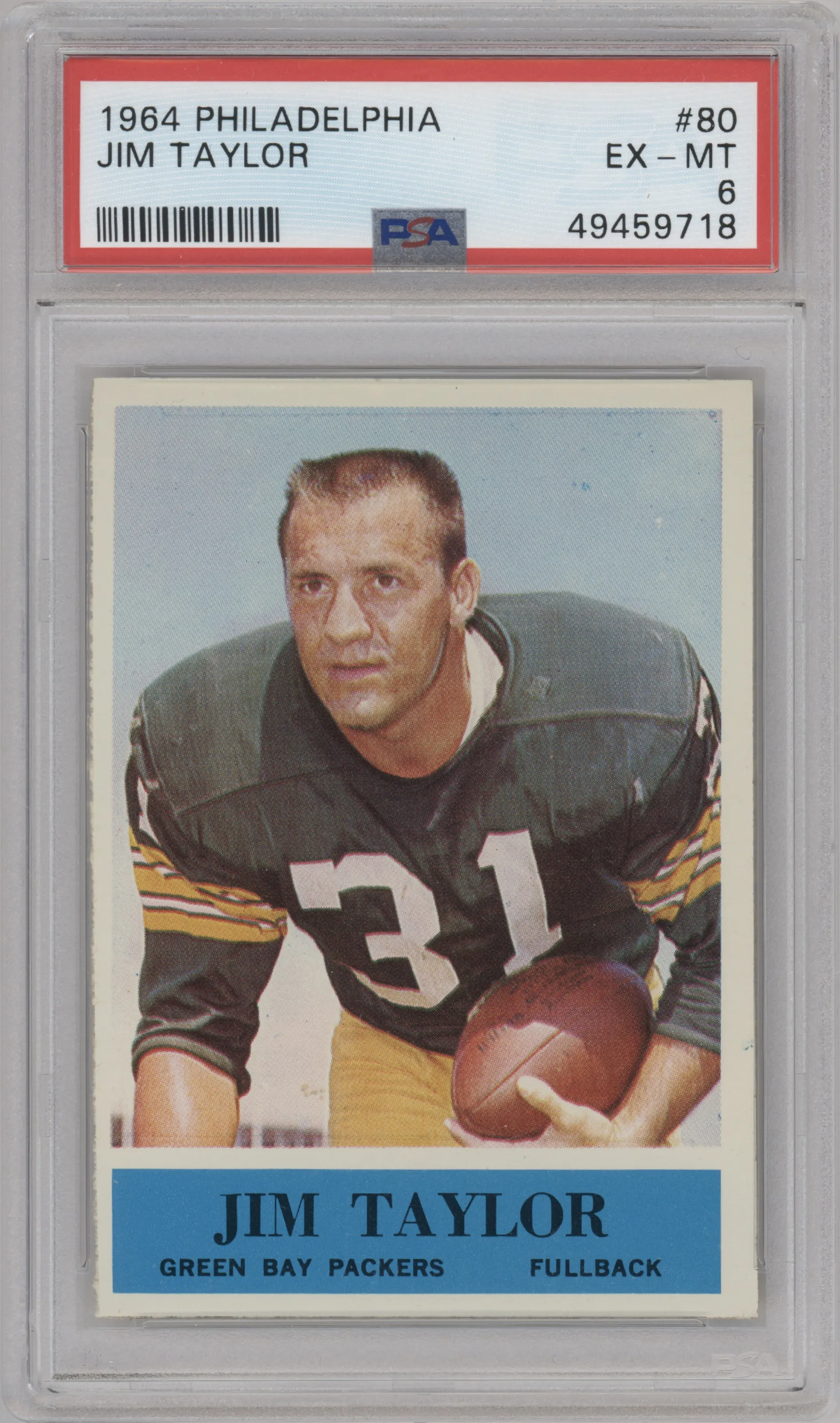Jim Taylor from the 1964 Philadelphia set graded by PSA and given an overall grade of 6.