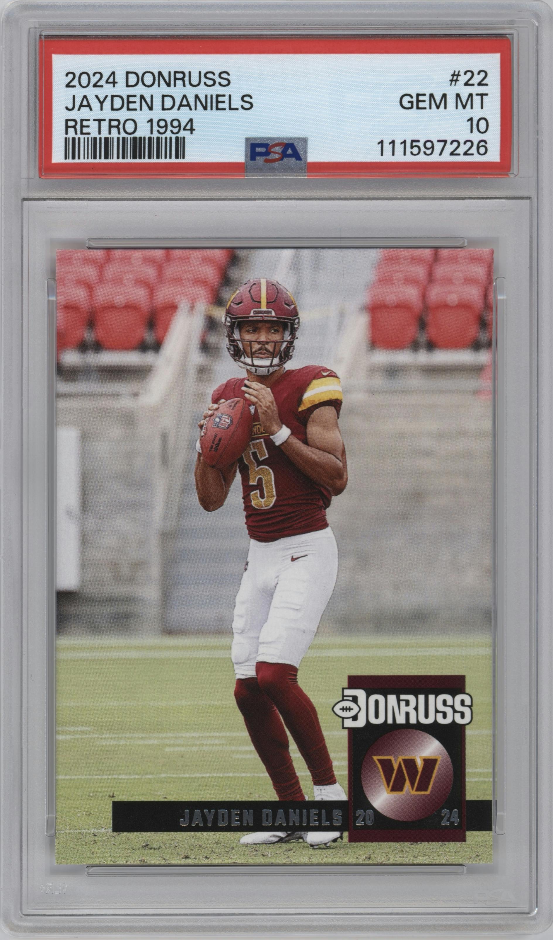 Jayden Daniels from the 2024 Donruss set graded by PSA and given an overall grade of 10.