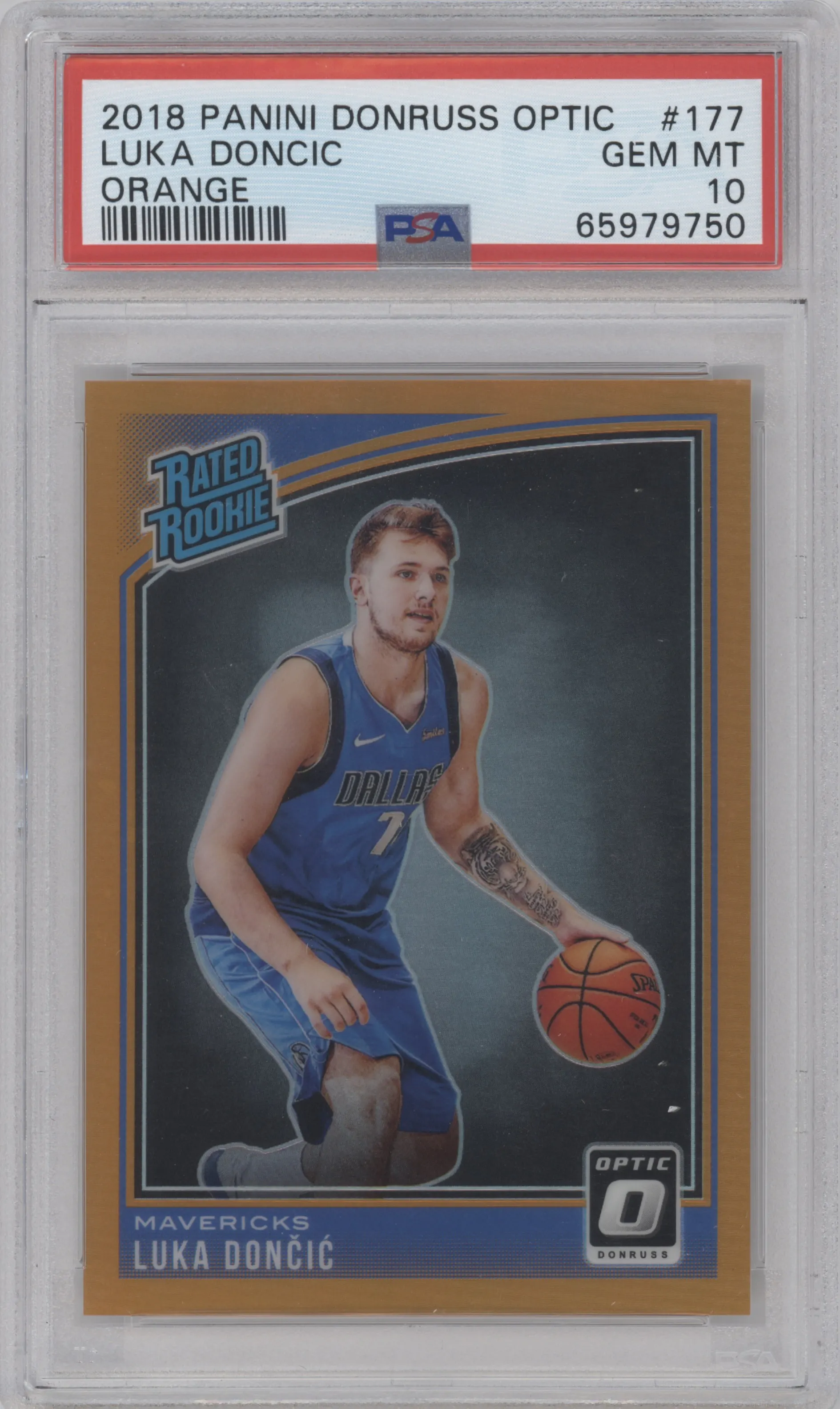 Luka Doncic from the 2018-19 Panini Donruss Optic set featuring a Orange parallel graded by PSA and given an overall grade of 10.
