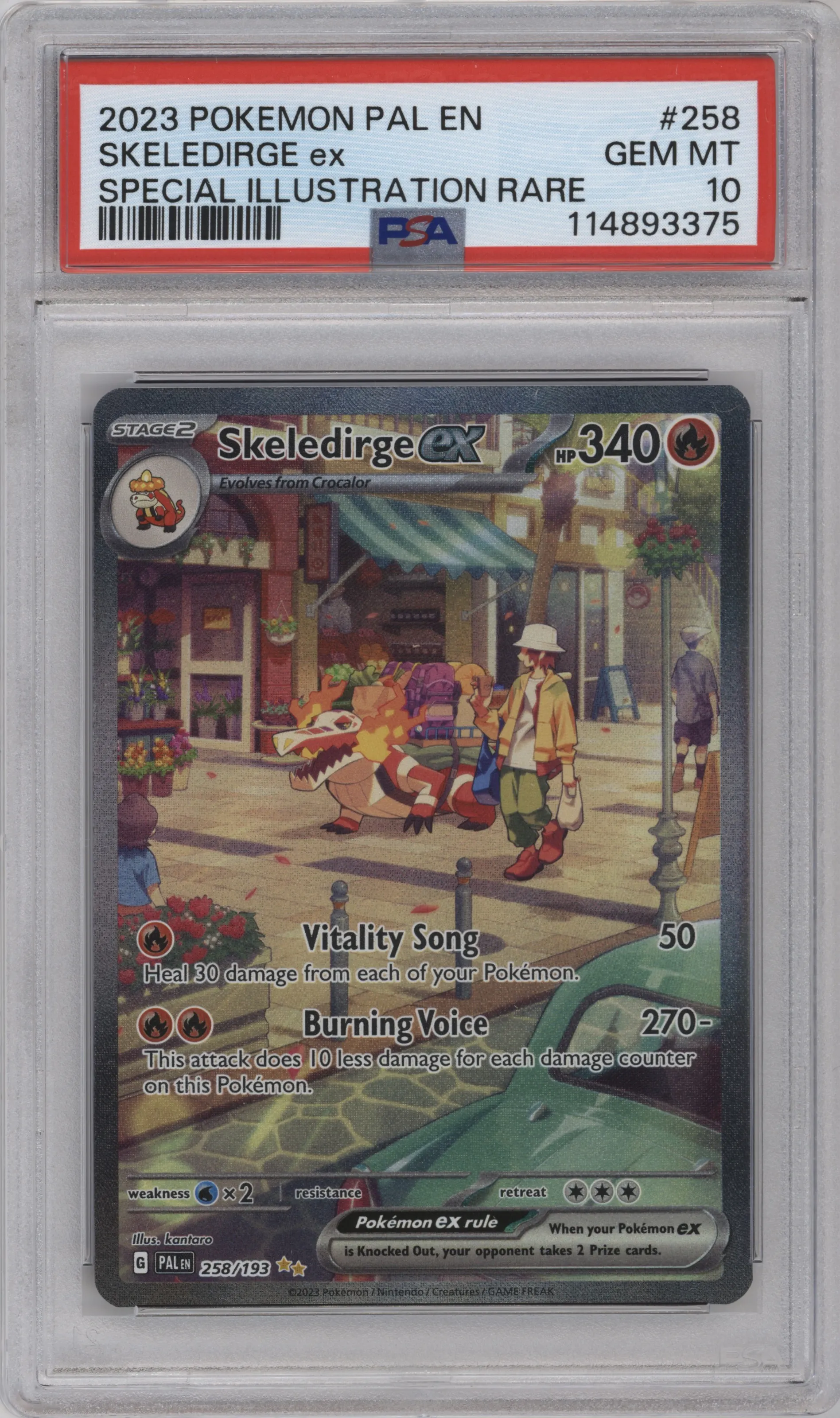 Skeledirge ex from the 2023 Pokemon SV set graded by PSA and given an overall grade of 10.