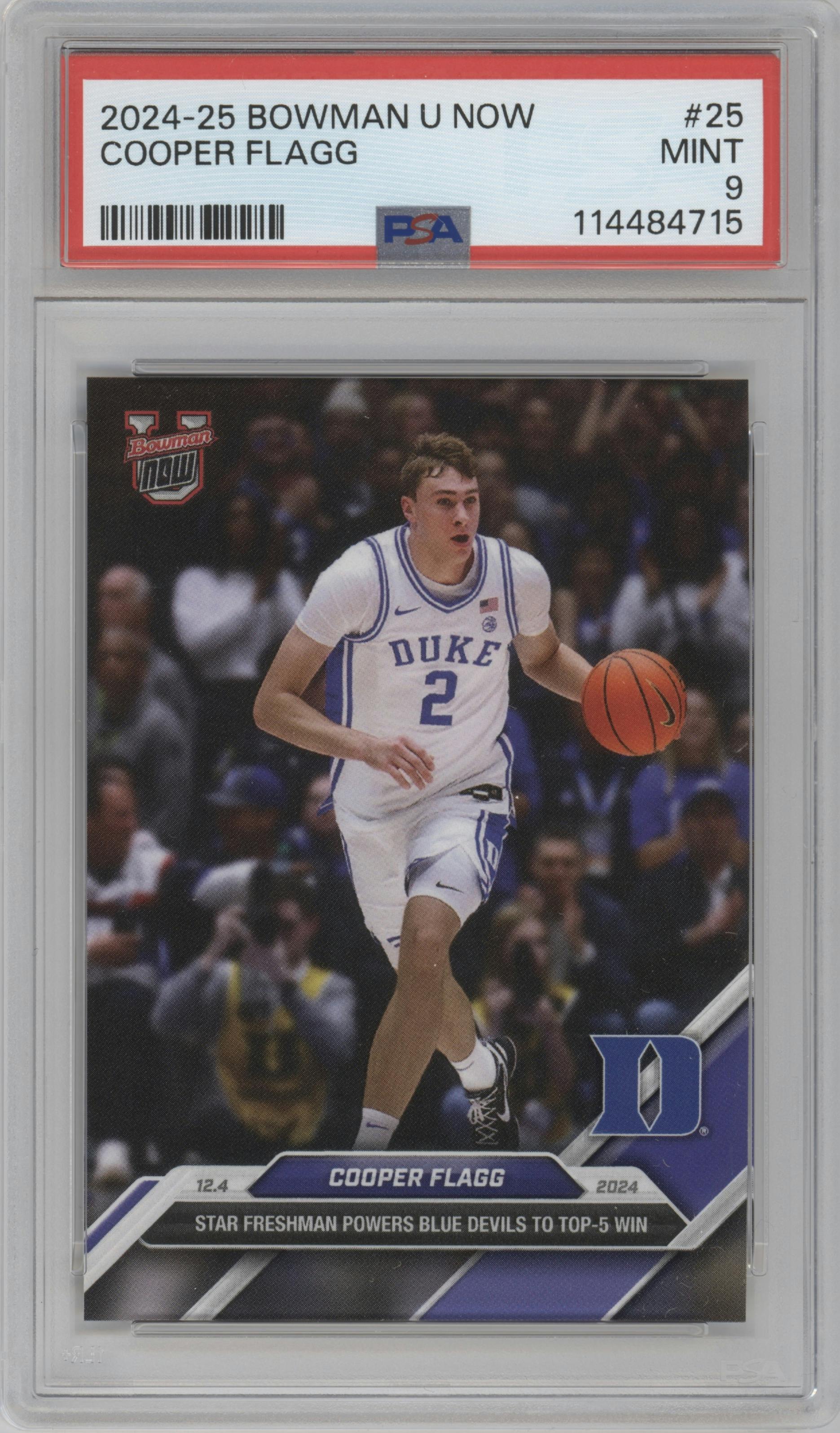Cooper Flagg from the 2024-25 Bowman U Now set graded by PSA and given an overall grade of 9.