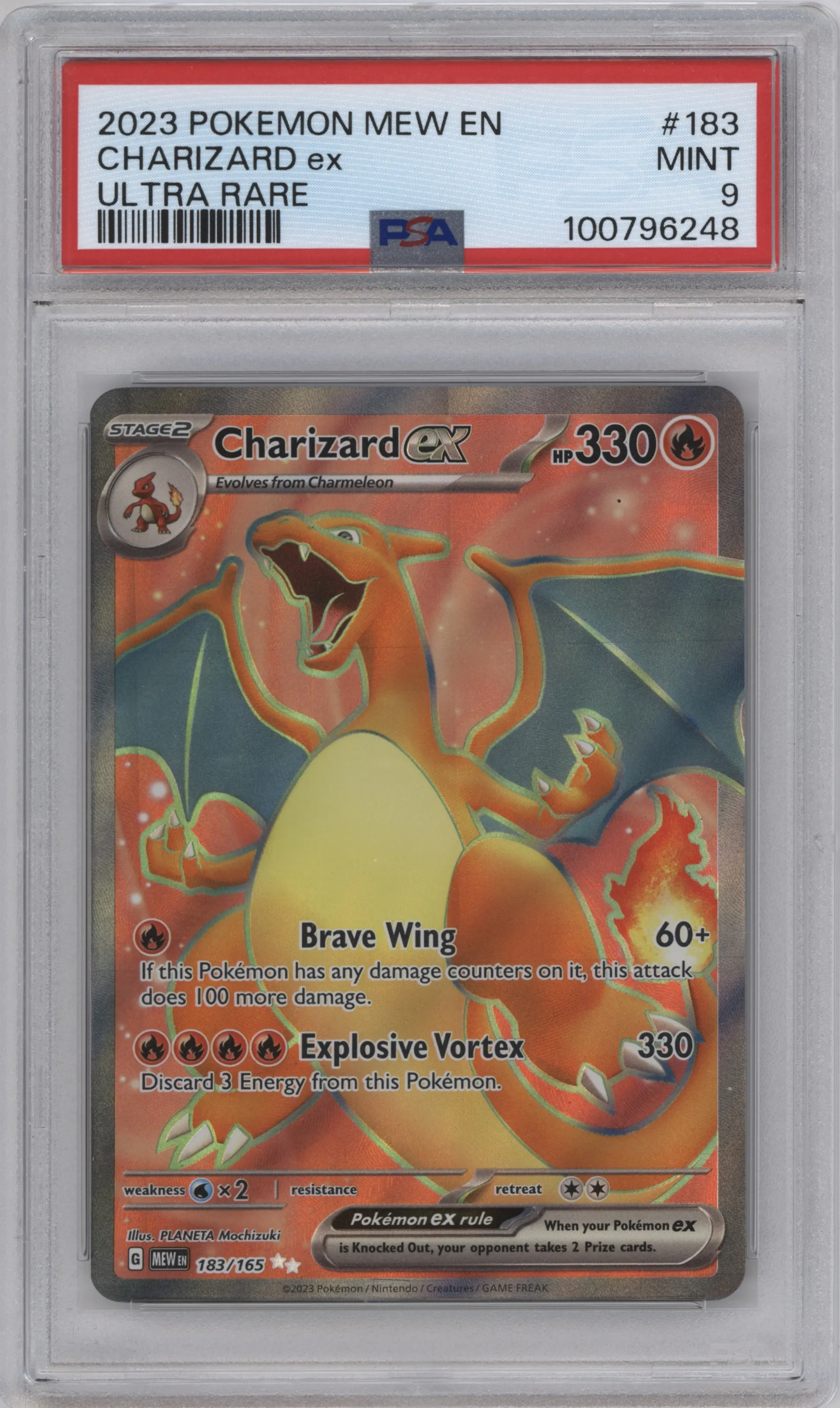 Charizard ex from the 2023 Pokemon SV set graded by PSA and given an overall grade of 9.
