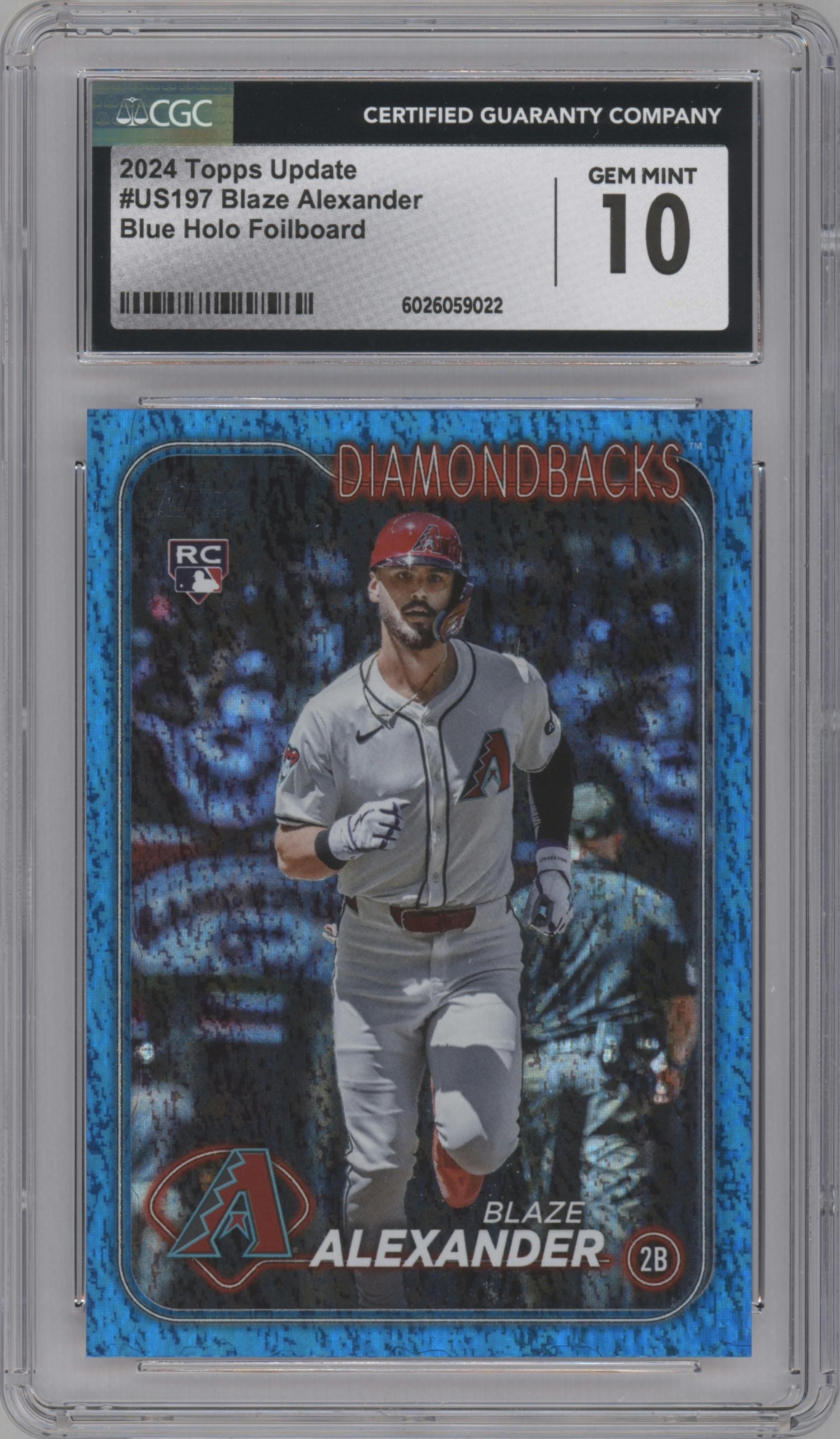 Blaze Alexander from the 2024 Topps Update set featuring a Blue Holofoil parallel graded by CSG and given an overall grade of 10.