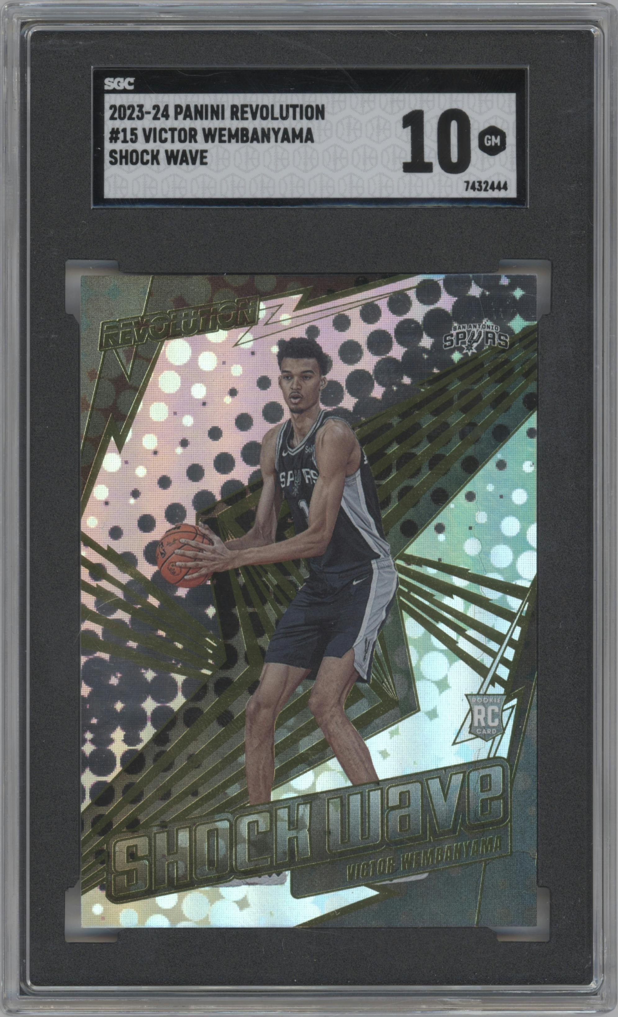 Victor Wembanyama from the 2023-24 Panini Revolution set graded by SGC and given an overall grade of 10.