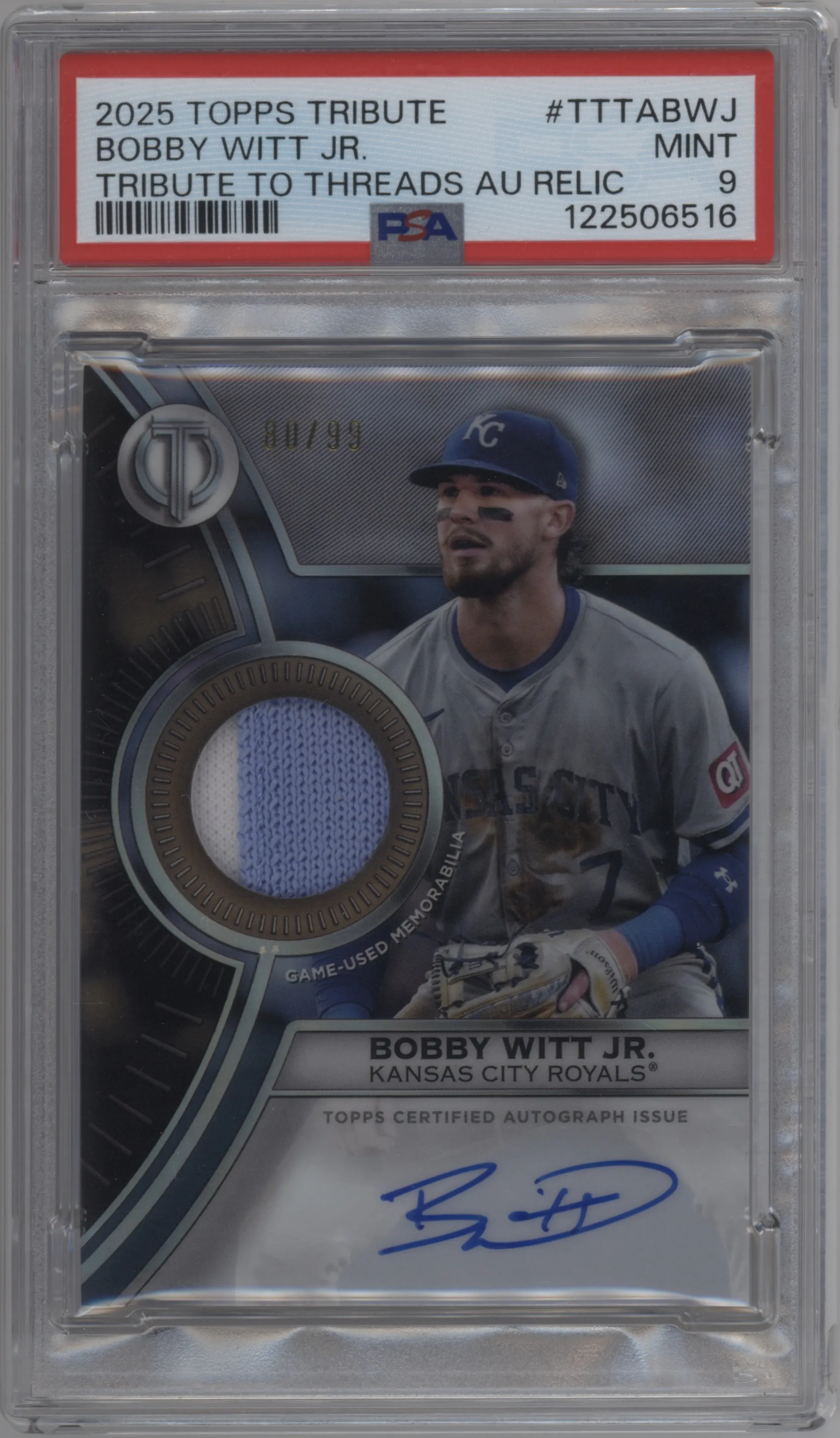 2025 Topps Tribute Trib. to Threads Auto.Rlc. Bobby Witt Jr. #TTTA-BWJ PSA 9